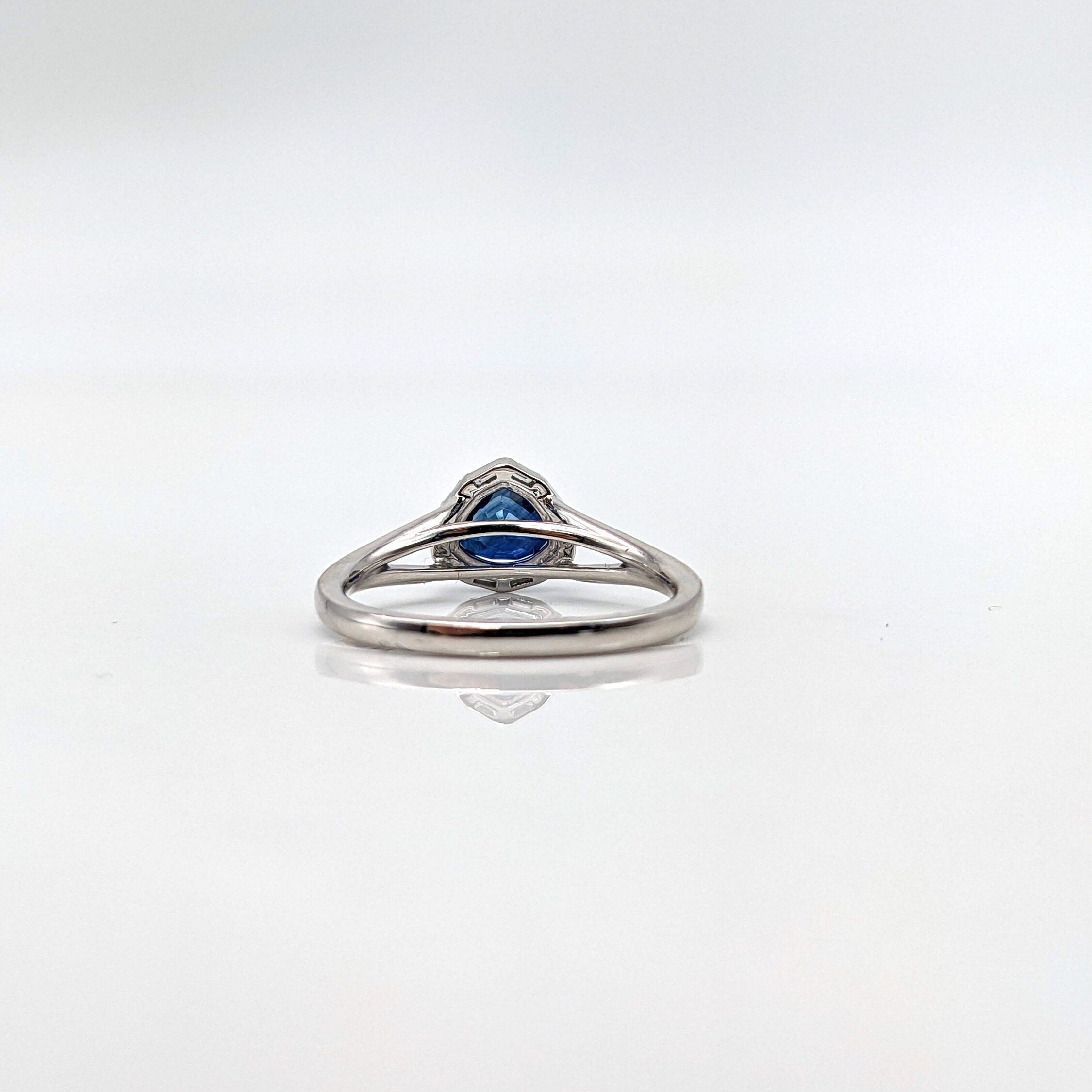 Statement Rings-Trillion Sapphire Ring Accented w Natural Diamond Baguettes in Solid 14k White Gold | Open Gallery | Cathedral Shank | 5x6mm - NNJGemstones