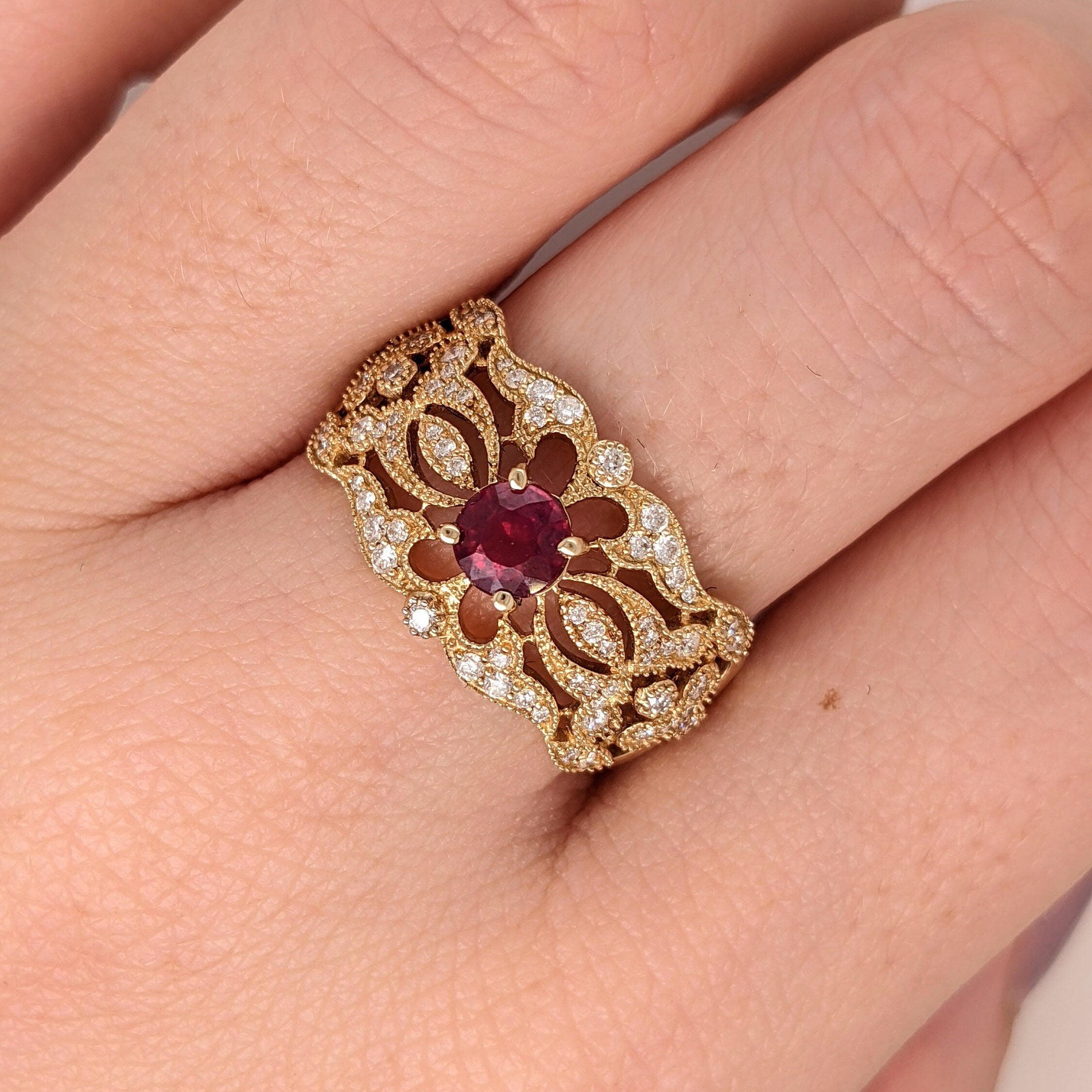 Statement Rings-Vintage Filigree Ruby Ring in 14K Yellow Gold w Diamond Accents | Half Carat Ruby | Red Gem | July Birthstone | Wide Band | Milgrain - NNJGemstones