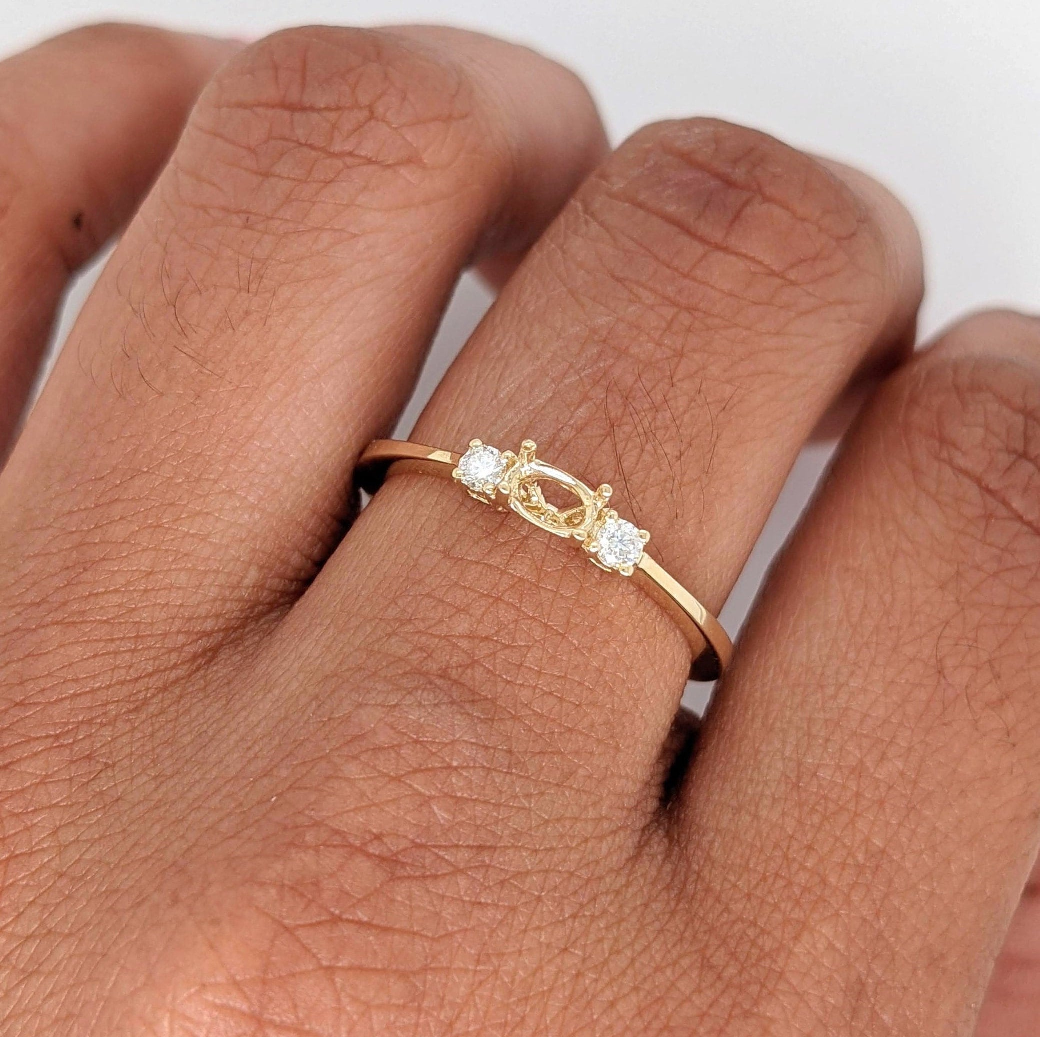 Stackable Rings-Simple East West Ring Setting W Earth Mined Diamond Accents in 14K or 18K Solid Gold | Oval 5x3 6x4 7x5 | Dainty Ring Setting | Customizable - NNJGemstones