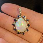 Pendants-One of a Kind Opal Pendant w All Natural Diamond and Baguette Sapphire Accents in 14k Solid Yellow Gold | Oval 16x12mm | Ethiopian | October - NNJGemstones