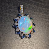 Pendants-One of a Kind Opal Pendant w All Natural Diamond and Baguette Sapphire Accents in 14k Solid Yellow Gold | Oval 16x12mm | Ethiopian | October - NNJGemstones