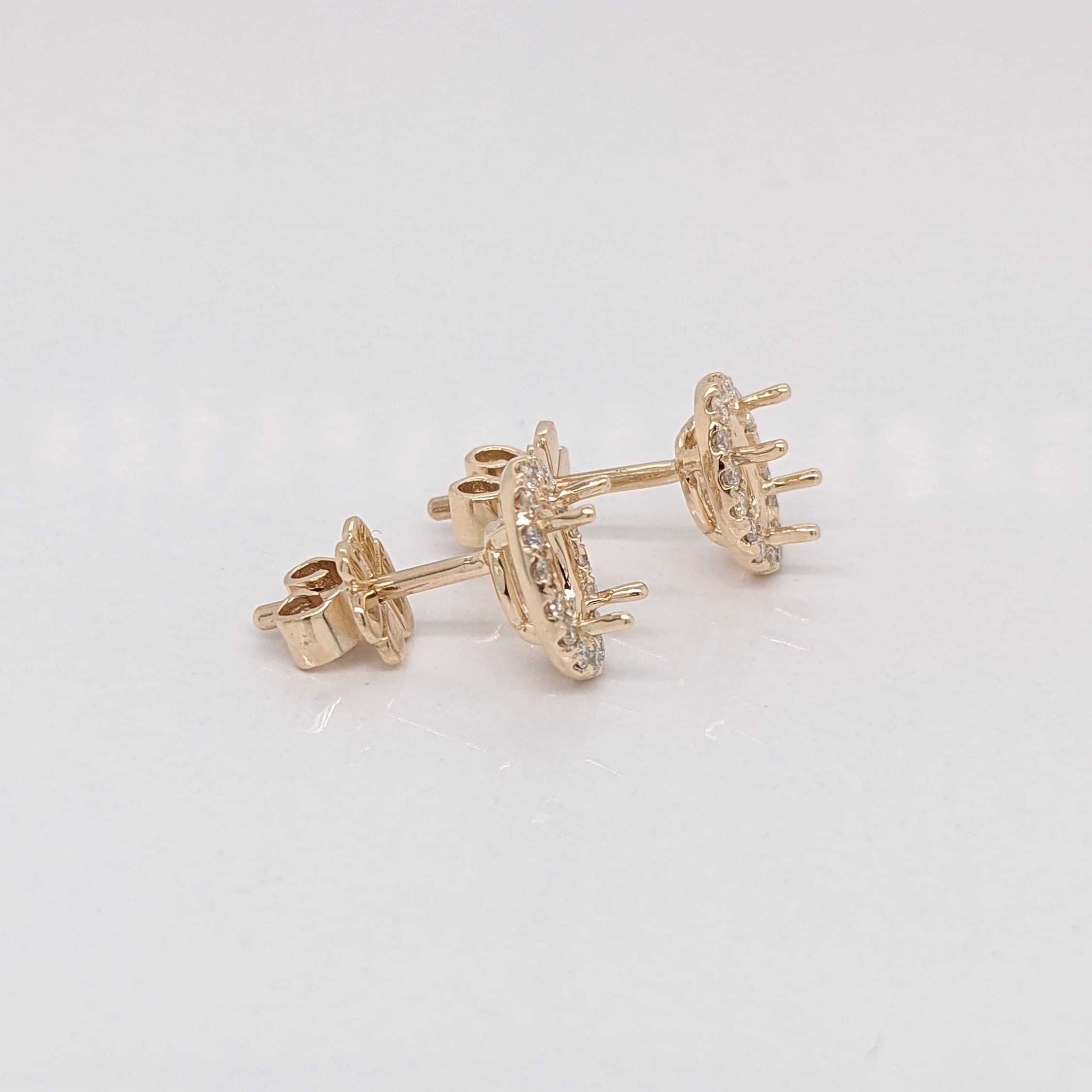 Stud Earrings-Versatile Diamond Halo Earring Semi Mount in Solid 14K Gold | Oval 5x3 6x4 7x5 8x6 9x7 | Gemstone Setting | Matched Pair | Push Back | Prong - NNJGemstones