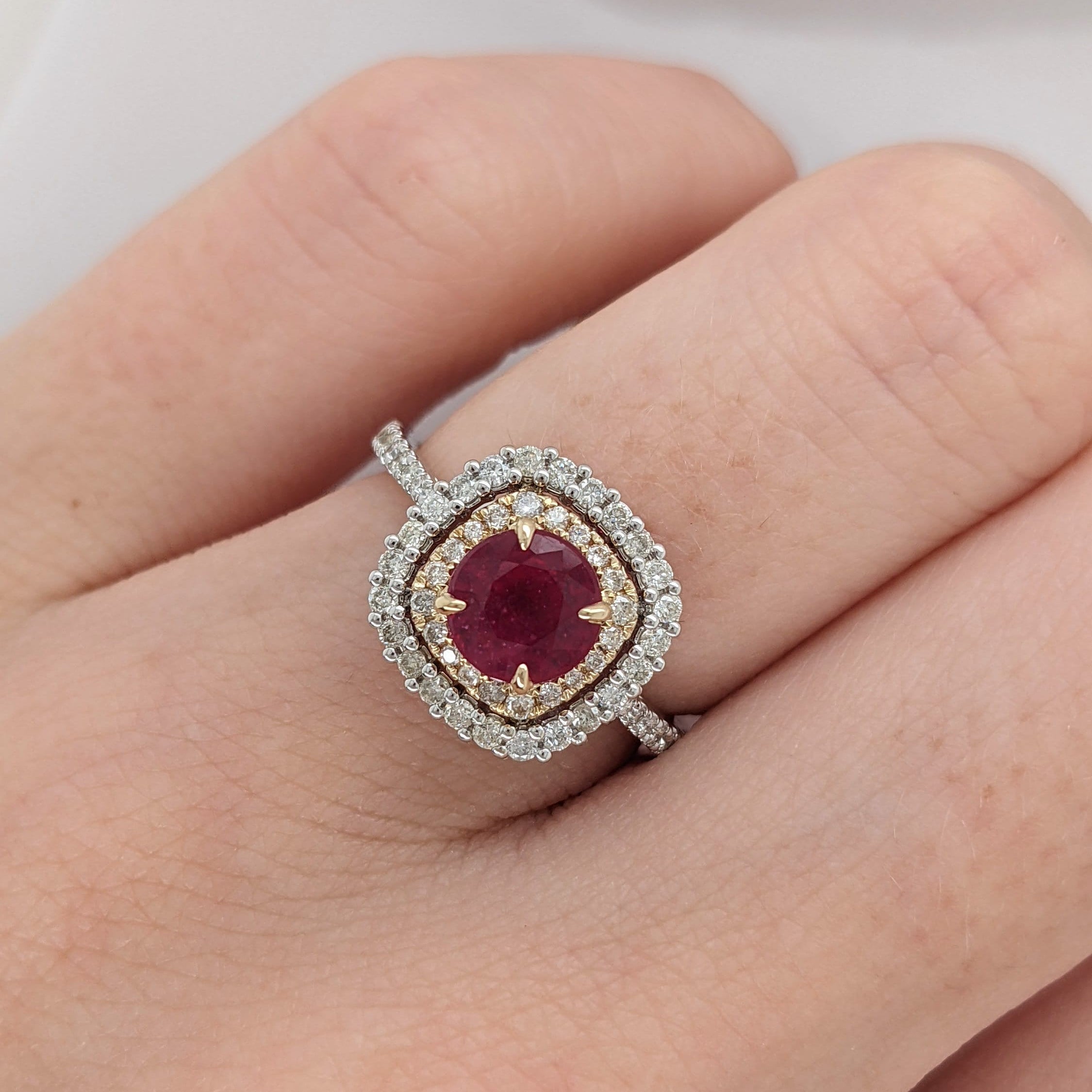 Statement Rings-Beautiful Ruby Set in a Double Halo of Diamonds in 14K Solid Gold Ring | Round 6mm | Pave Band | Birthstone Ring | Anniversary | Engagement - NNJGemstones