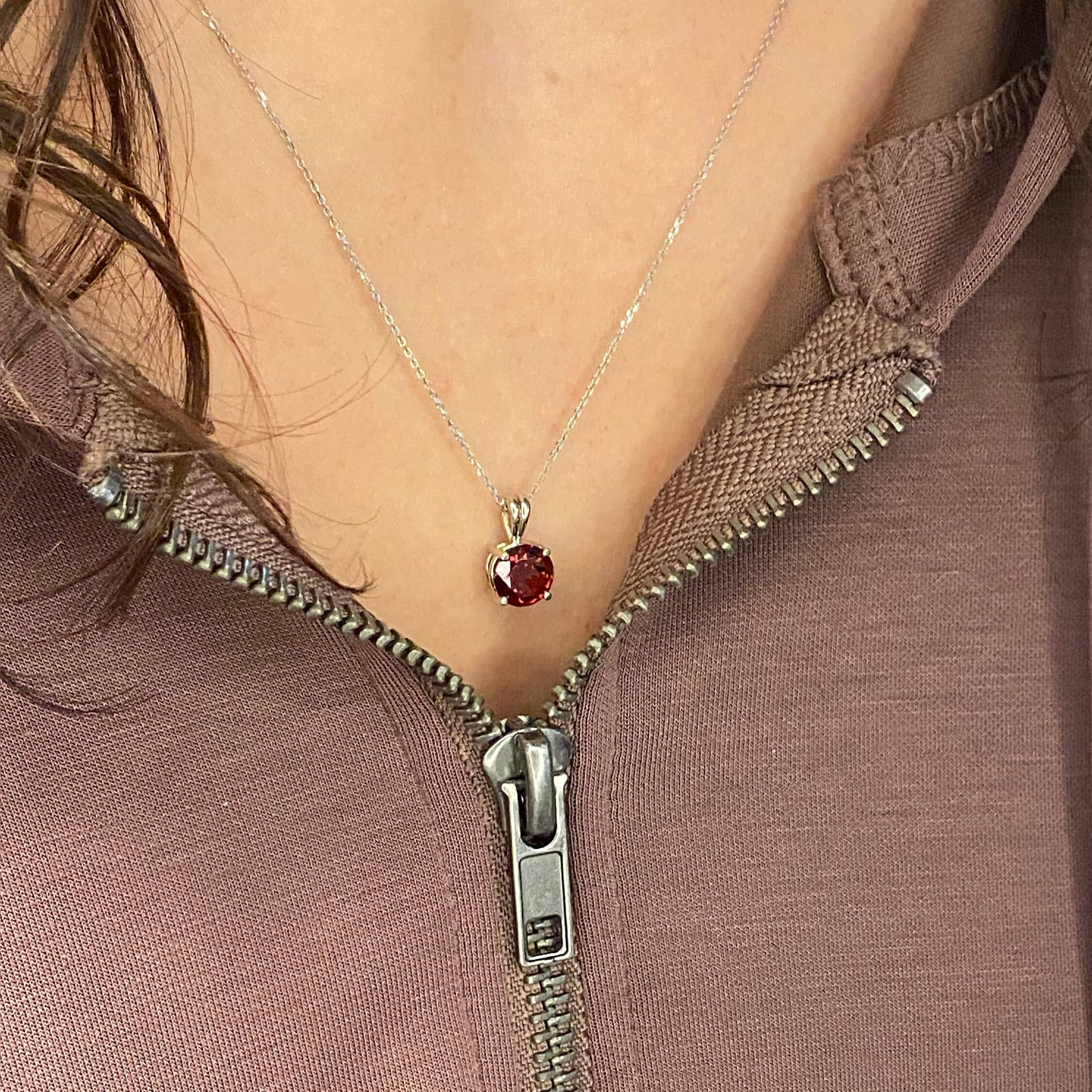 Pendants-Classy Solitaire Garnet Pendant in Solid 14k White, Yellow or Rose Gold | Round 8mm | Rabbit Bail | Red Gemstone Necklace | January Birthday - NNJGemstones