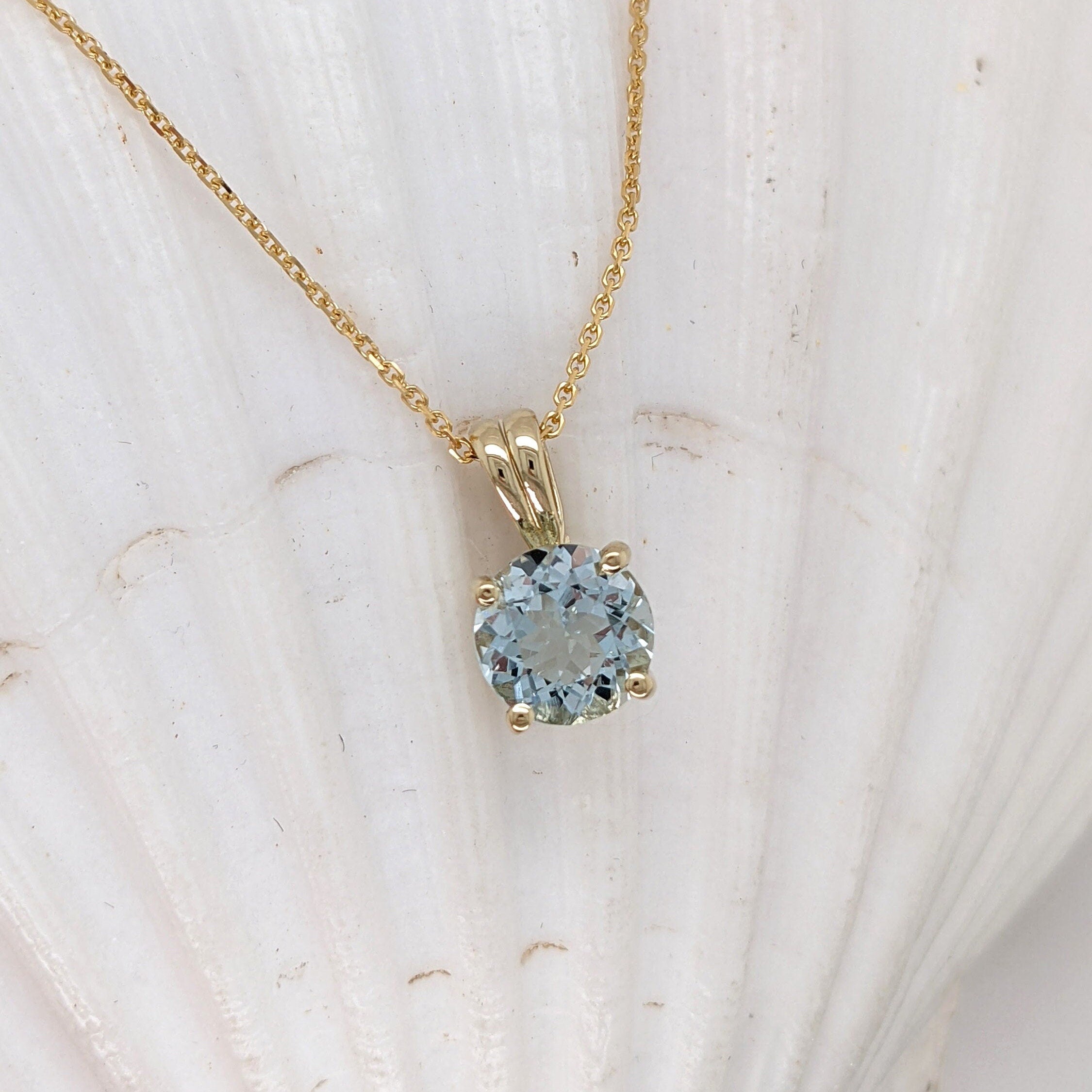 Pendants-Pretty Solitaire Aquamarine Pendant in Solid 14k White, Yellow or Rose Gold | Rabbit Bail | Round 7mm | Prong | Blue Gem | March Birthday - NNJGemstones