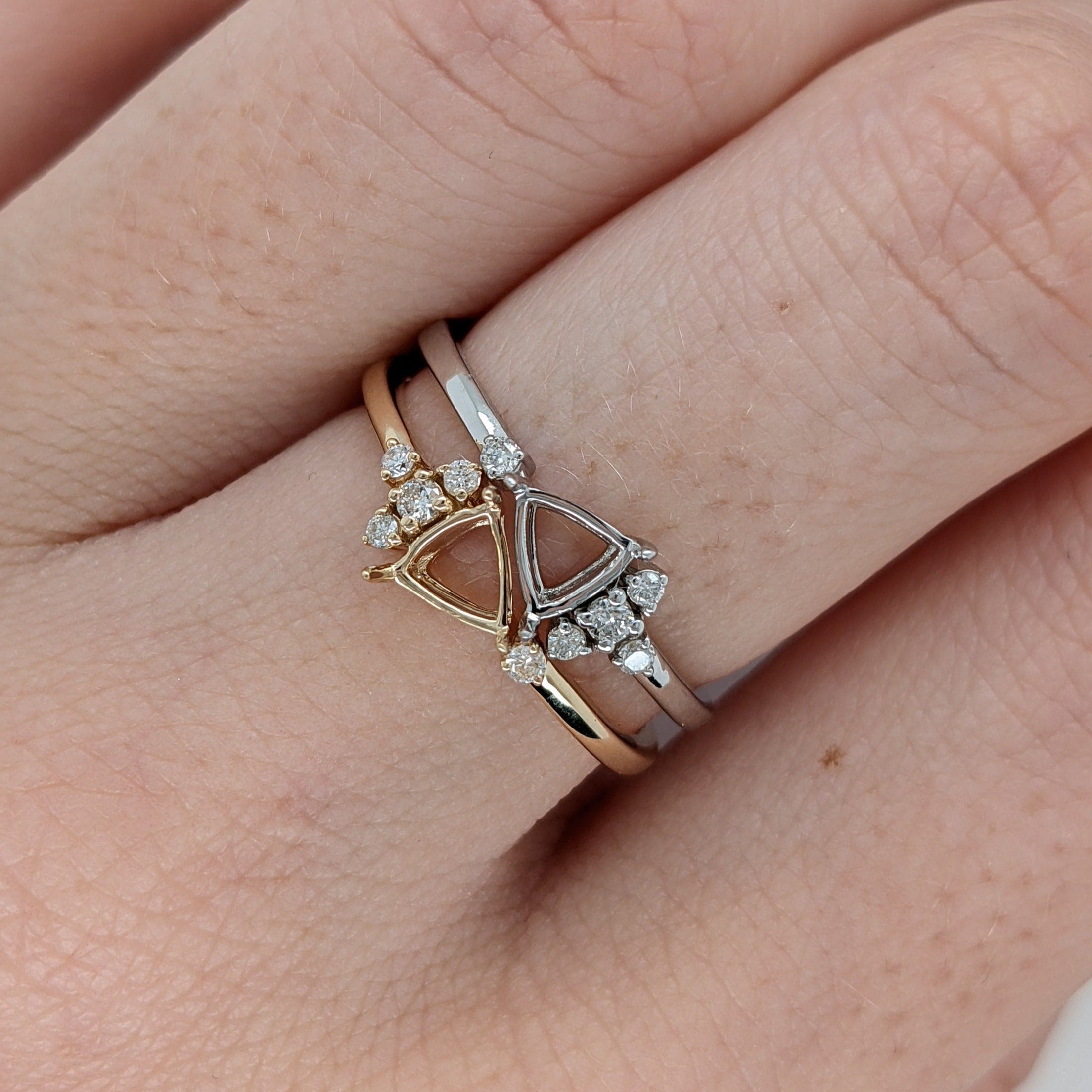 Statement Rings-Unique Stackable Trilliant Cut Ring Semi Mount in 14K Gold w Natural Diamond Accents | Trilliant 5mm | Ying Yang | Custom Jewelry | Gemstone - NNJGemstones