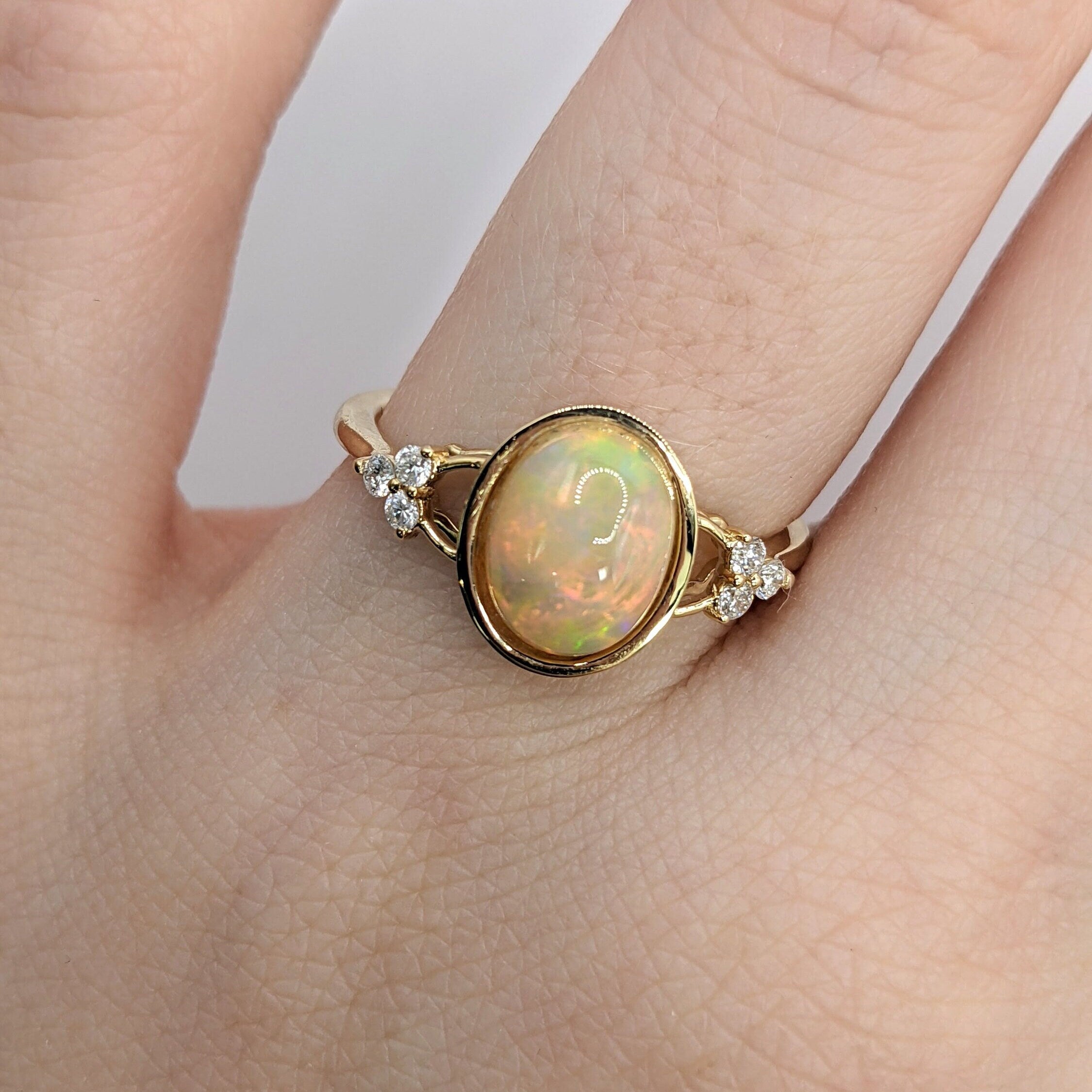 Statement Rings-Ethiopian Opal Ring with 14k Solid Yellow Gold and All Natural Diamond Accents / Oval 9x7mm / Rainbow Gemstone / Unique Jewelry Gift - NNJGemstones