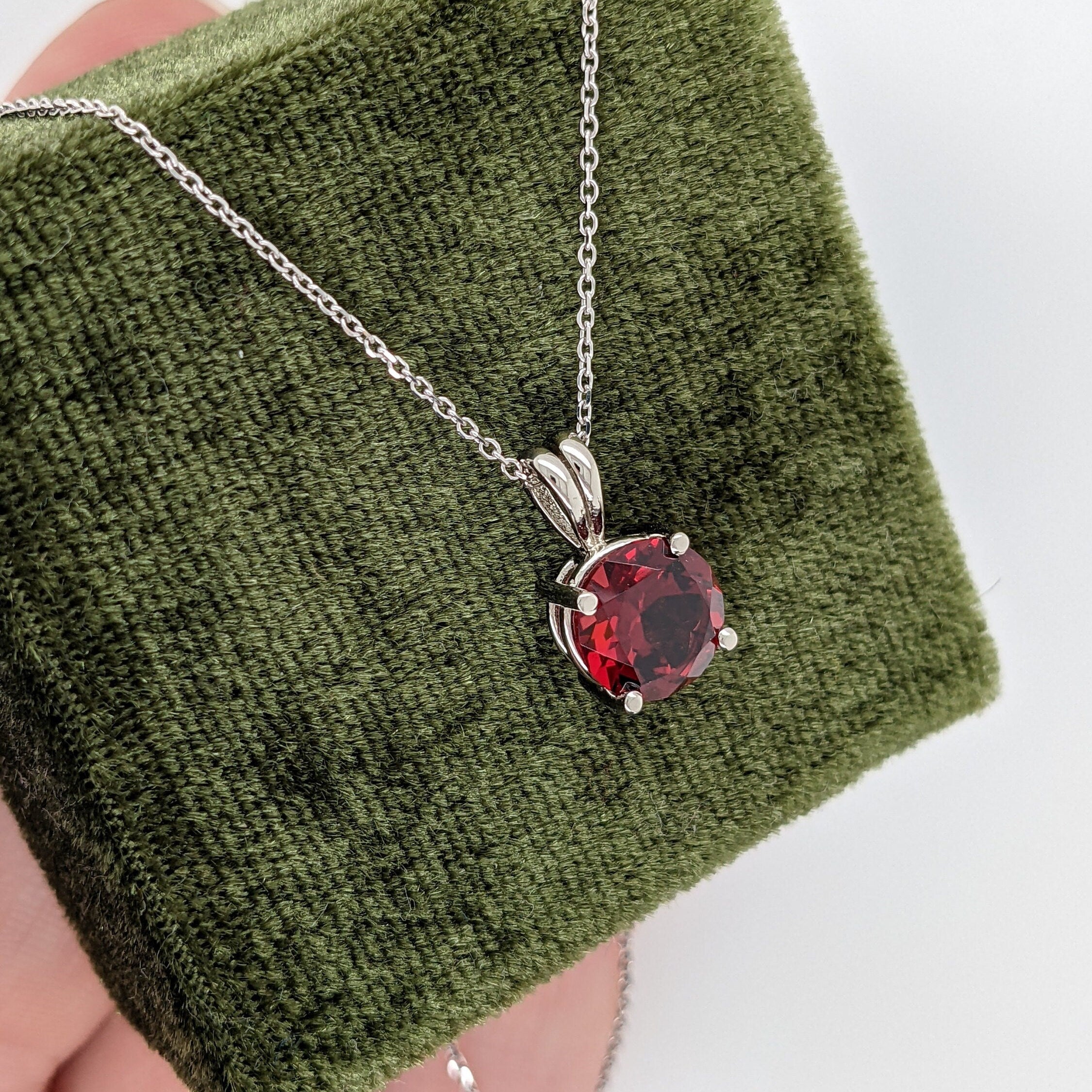 Pendants-Classy Solitaire Garnet Pendant in Solid 14k White, Yellow or Rose Gold | Round 8mm | Rabbit Bail | Red Gemstone Necklace | January Birthday - NNJGemstones