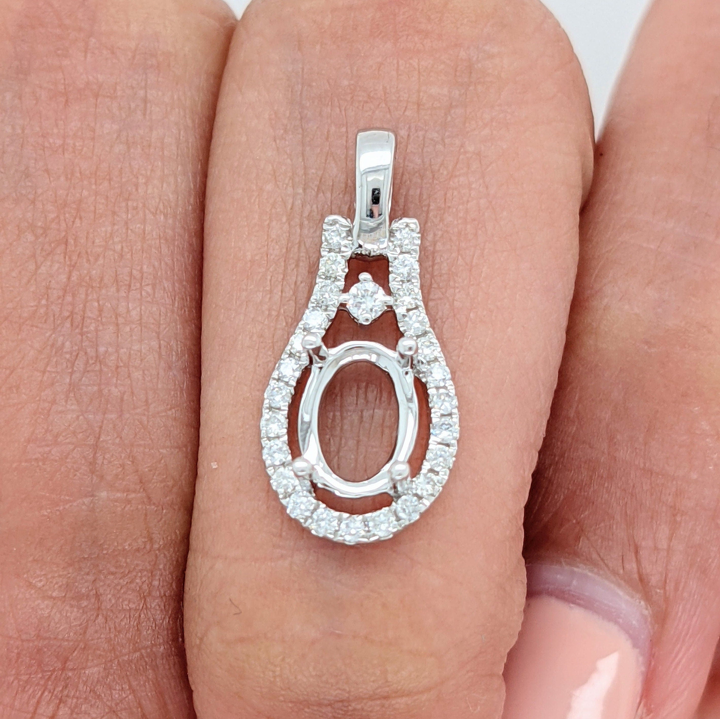 Pendants-Pendant Semi Mount with Diamond Detail | Oval 6x4mm 7x5mm 8x6mm | Solid 14k Yellow, White Gold or Rose Gold | Custom Cast Gemstone - NNJGemstones