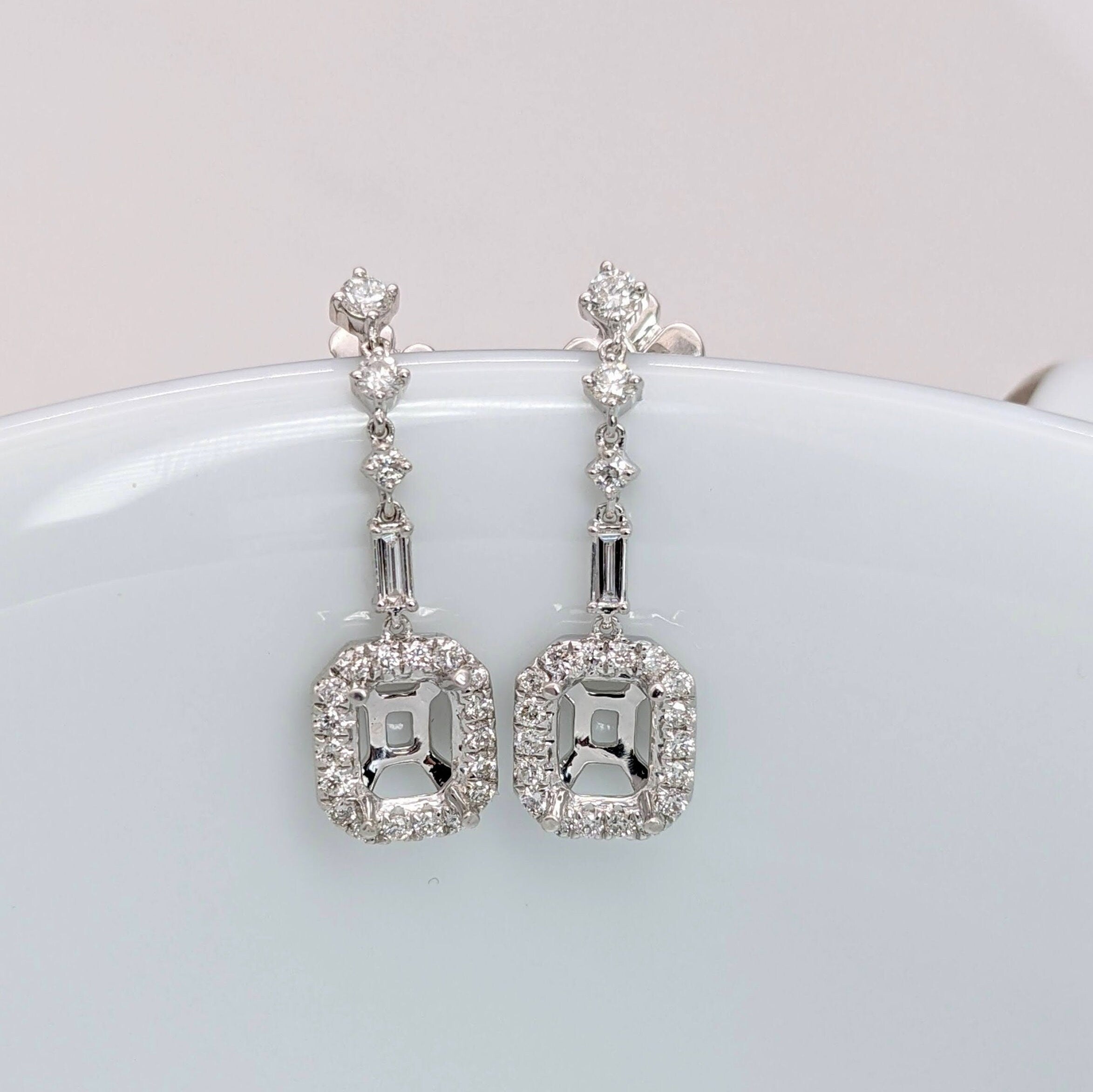 Dangle & Drop Earrings-Statement Emerald Cut 6x4mm Dangle Earring Semi Mount w Diamond Halo & Baguette Diamond Accents | 14K Gold | Secure Pushback | Customizable - NNJGemstones