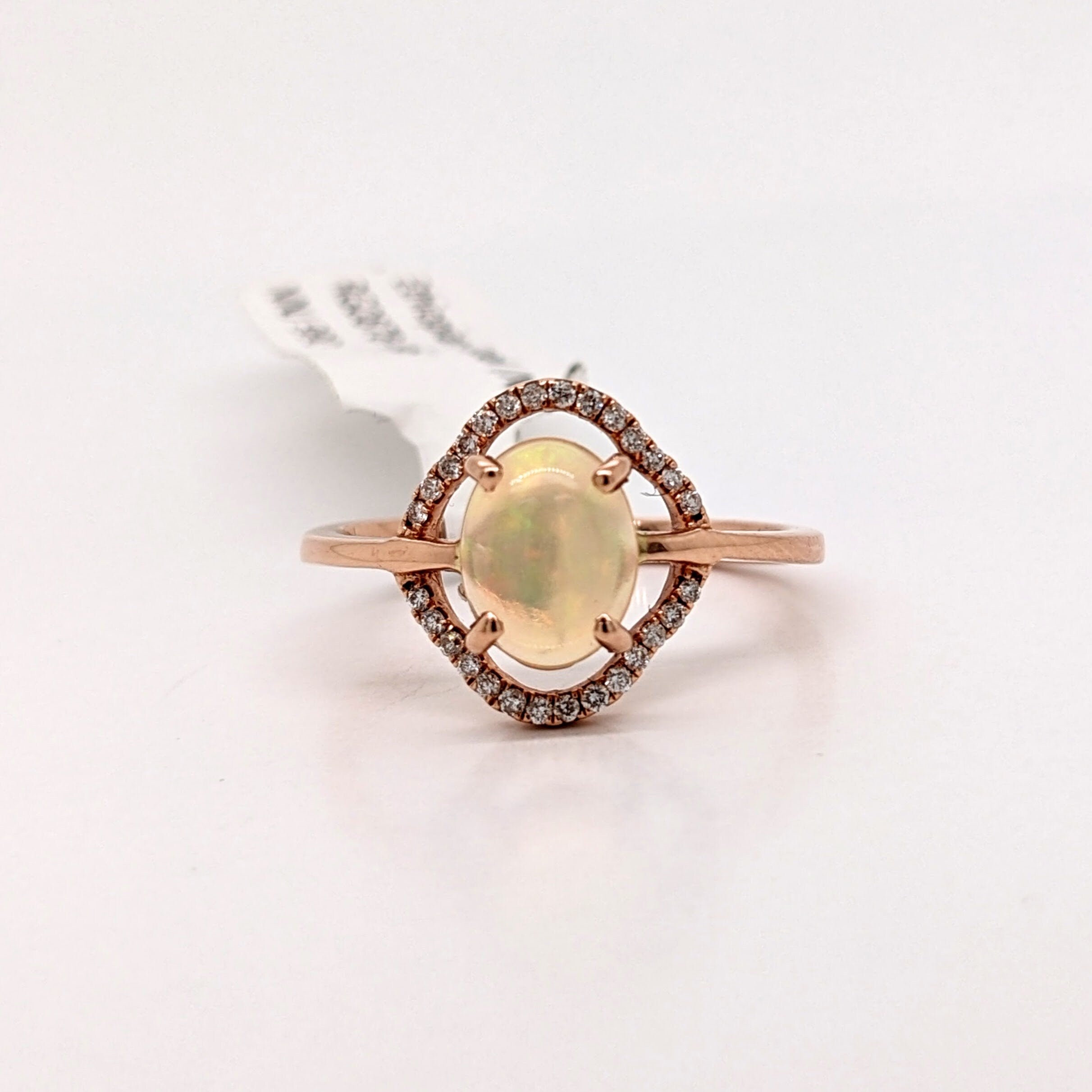 Statement Rings-Jelly Opal Ring w Diamond Halo in Solid 14k Rose Gold | Oval 8x6mm | Gemstone Jewelry | October Birthstone | Play of Color - NNJGemstones