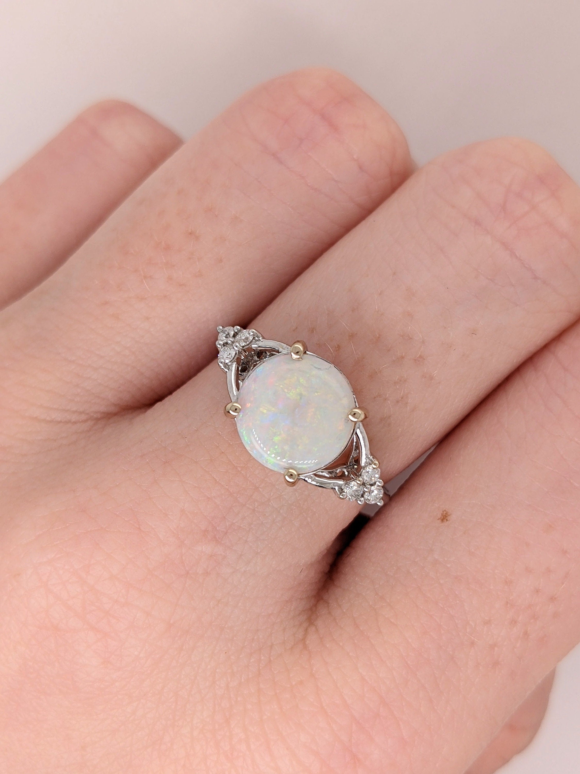 Statement Rings-Multi Color Jelly Opal Ring in 14K Yellow Gold with Diamond Accents | Round 9.5mm | October Birthstone | Welo Opal | Play of Color | Sizable - NNJGemstones