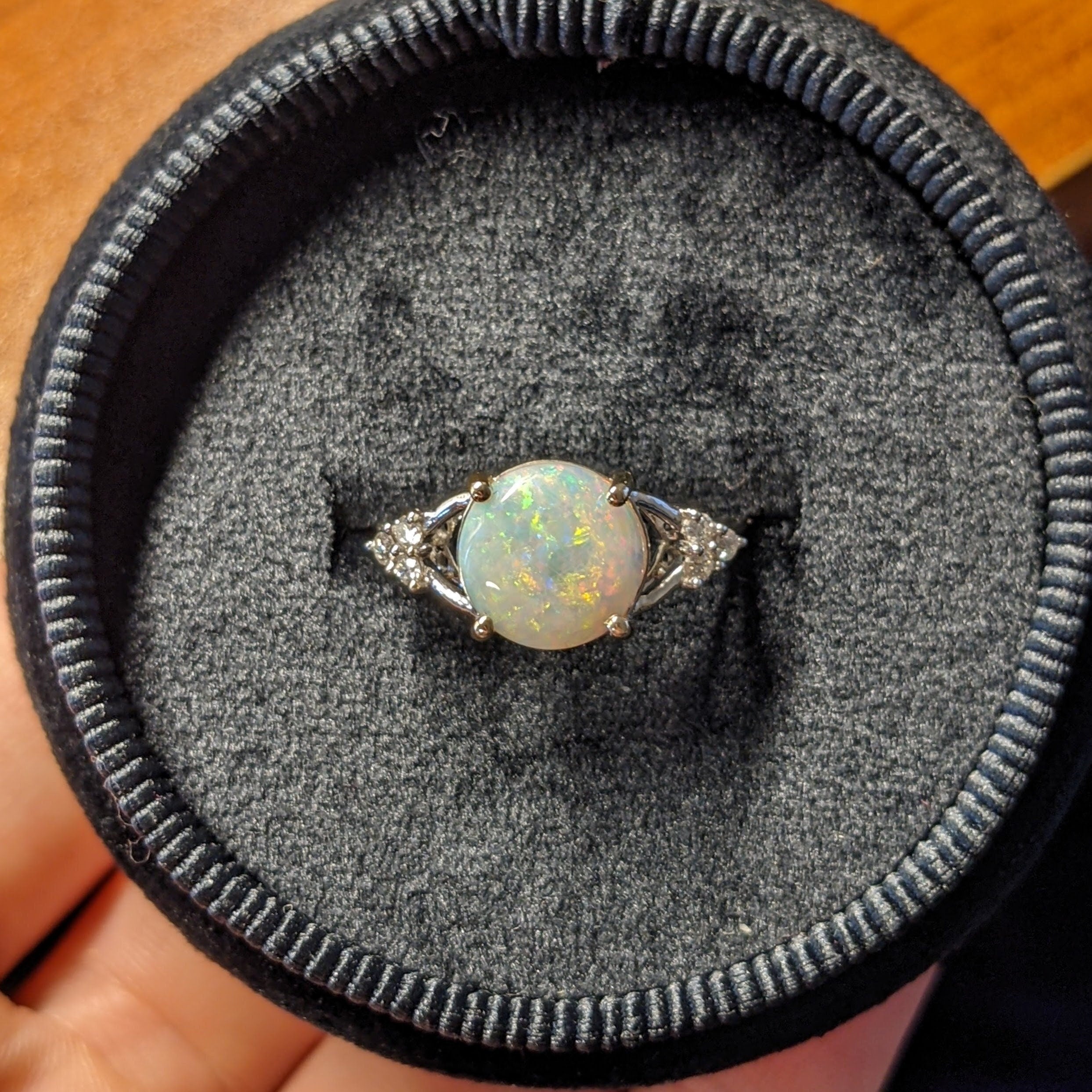 Statement Rings-Multi Color Jelly Opal Ring in 14K Yellow Gold with Diamond Accents | Round 9.5mm | October Birthstone | Welo Opal | Play of Color | Sizable - NNJGemstones