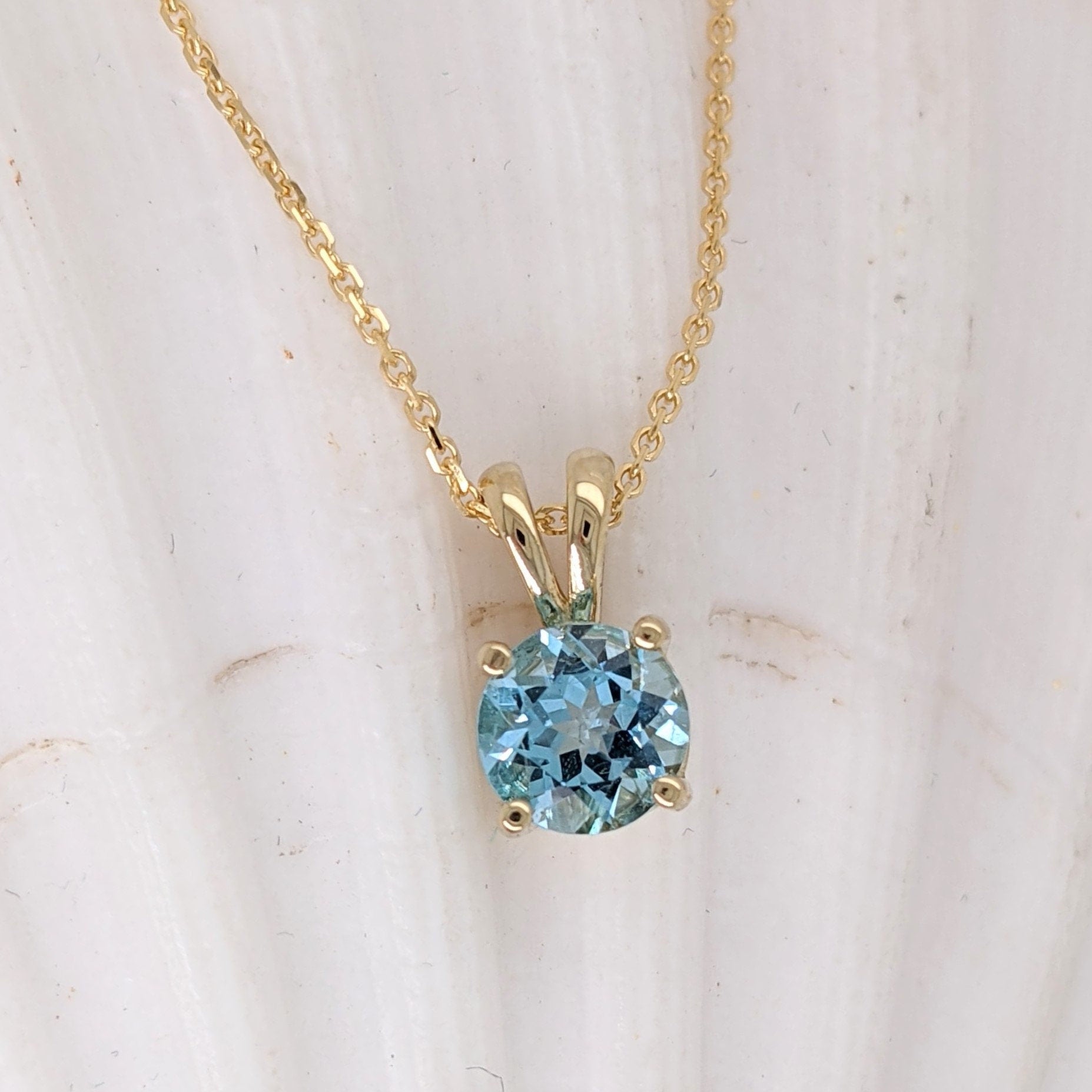 Pendants-Minimalist Solitaire Sky Blue Topaz Pendant in Solid 14k White, Yellow or Rose Gold | Round 5mm | Rabbit Bail | Blue Gemstone Necklace - NNJGemstones