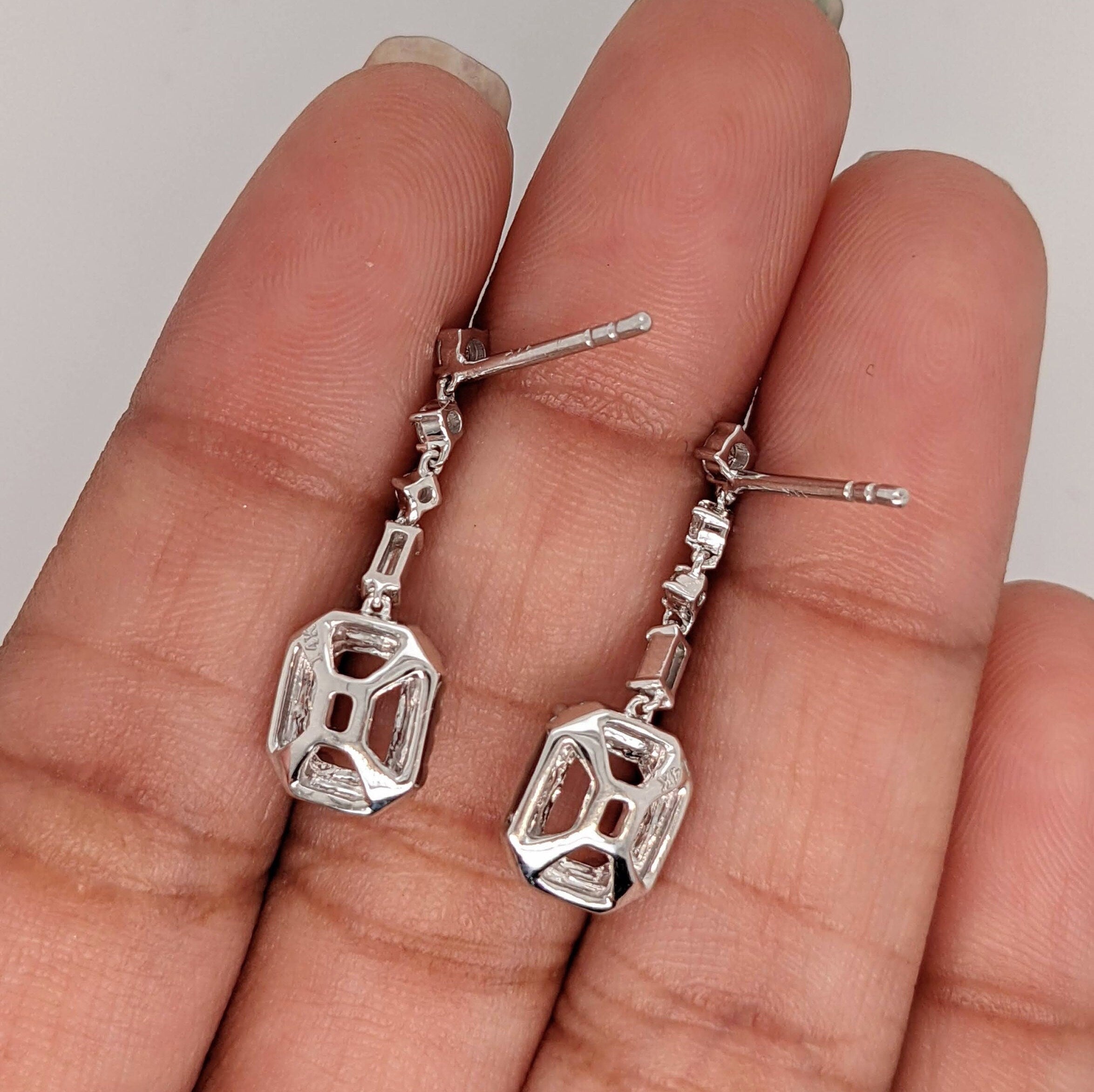 Dangle & Drop Earrings-Statement Emerald Cut 6x4mm Dangle Earring Semi Mount w Diamond Halo & Baguette Diamond Accents | 14K Gold | Secure Pushback | Customizable - NNJGemstones