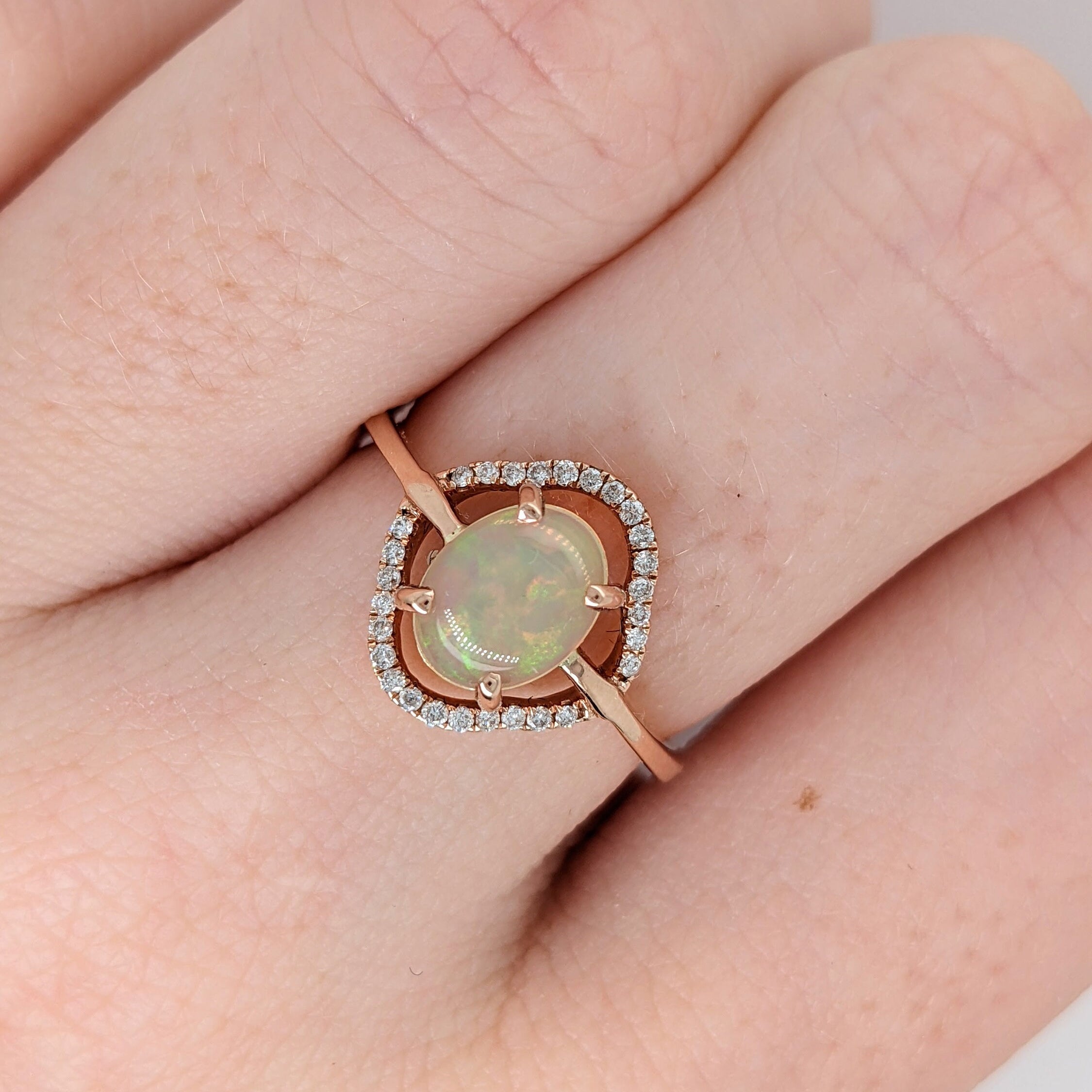Statement Rings-Jelly Opal Ring w Diamond Halo in Solid 14k Rose Gold | Oval 8x6mm | Gemstone Jewelry | October Birthstone | Play of Color - NNJGemstones