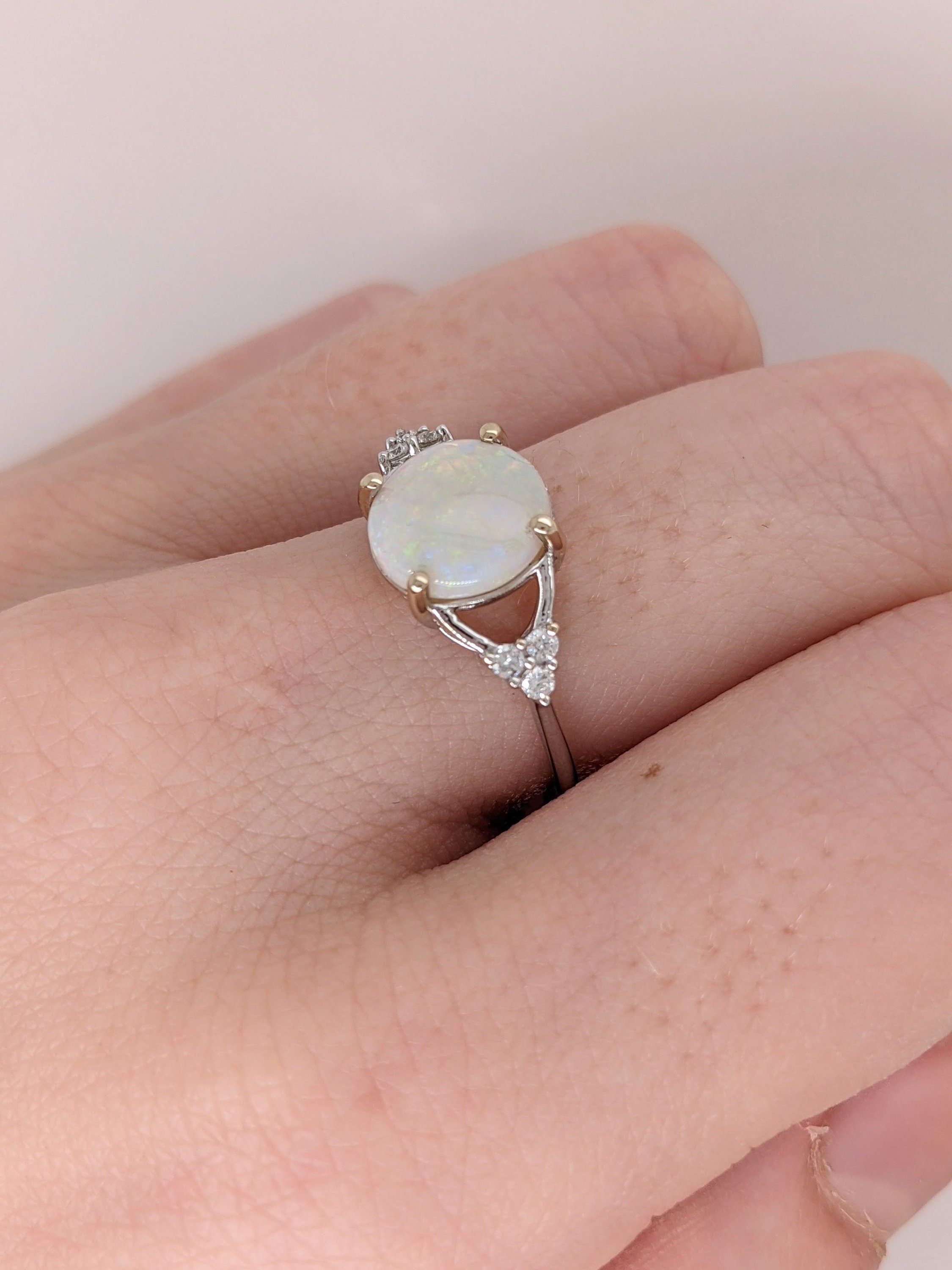 Statement Rings-Multi Color Jelly Opal Ring in 14K Yellow Gold with Diamond Accents | Round 9.5mm | October Birthstone | Welo Opal | Play of Color | Sizable - NNJGemstones