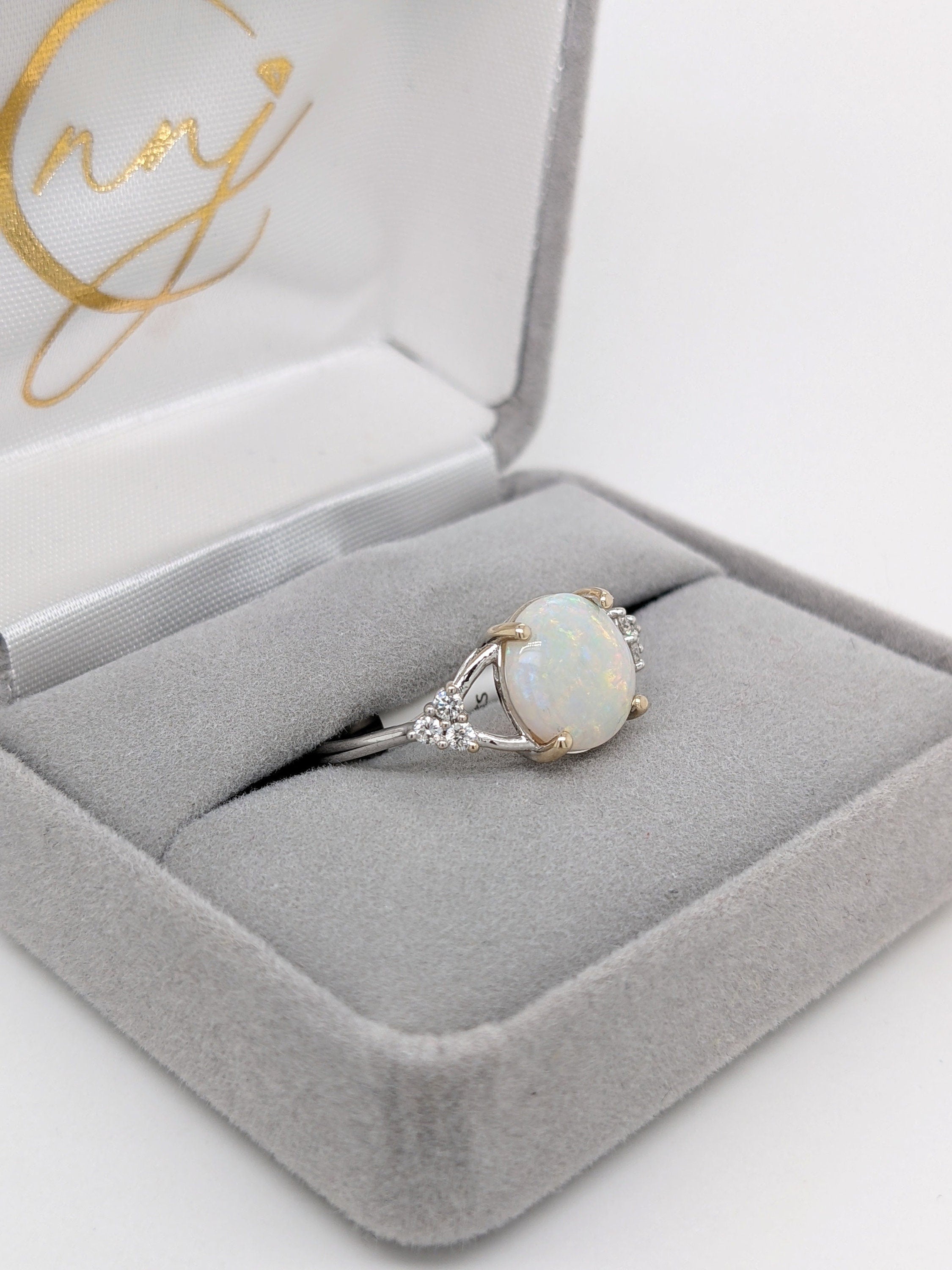 Statement Rings-Multi Color Jelly Opal Ring in 14K Yellow Gold with Diamond Accents | Round 9.5mm | October Birthstone | Welo Opal | Play of Color | Sizable - NNJGemstones