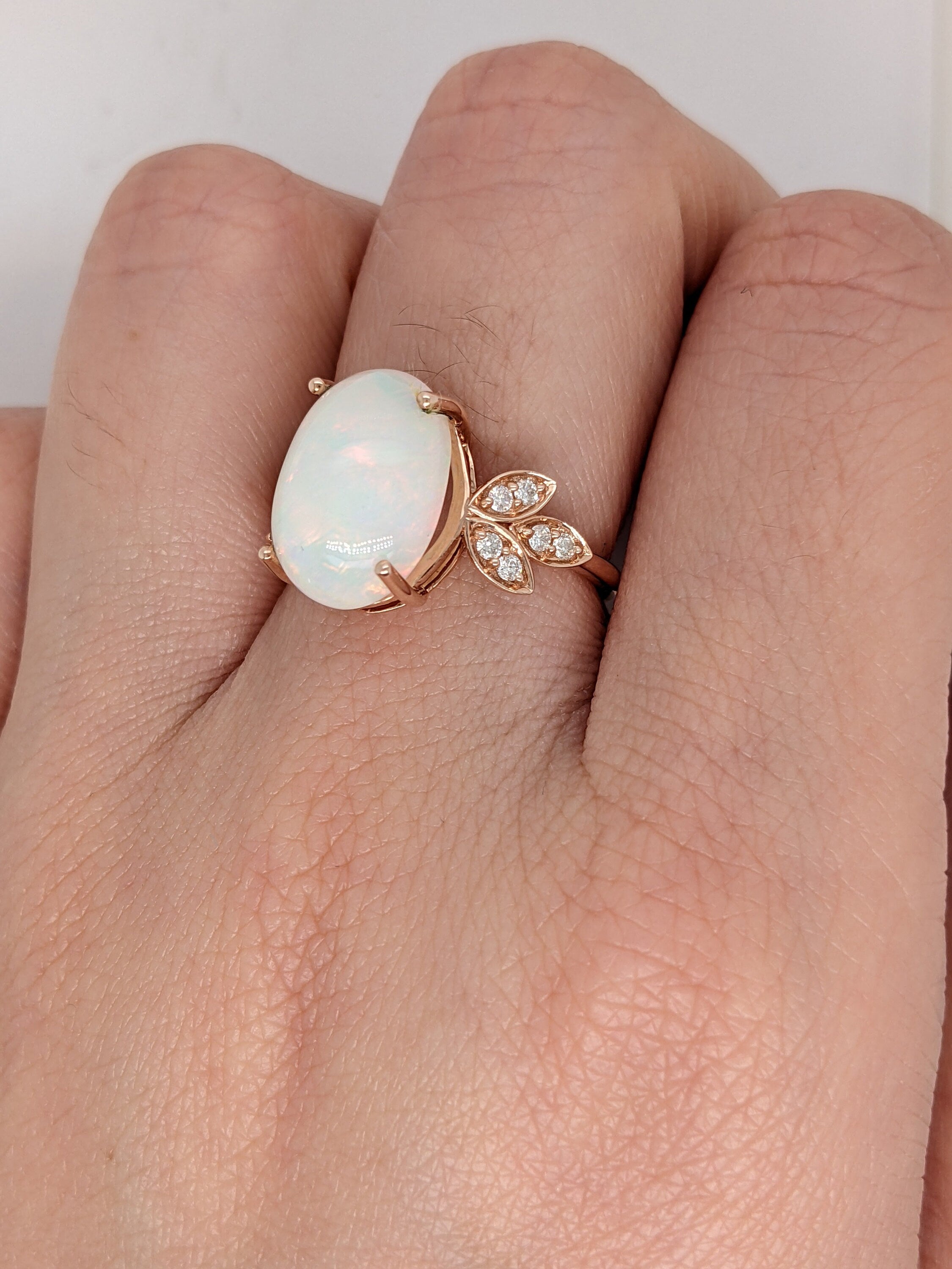 Statement Rings-Statement Ethiopian Opal Ring with Diamond Accents in Solid 14k Rose Gold | Oval 14x10mm | Gemstone Jewelry | October Birthstone | Statement - NNJGemstones