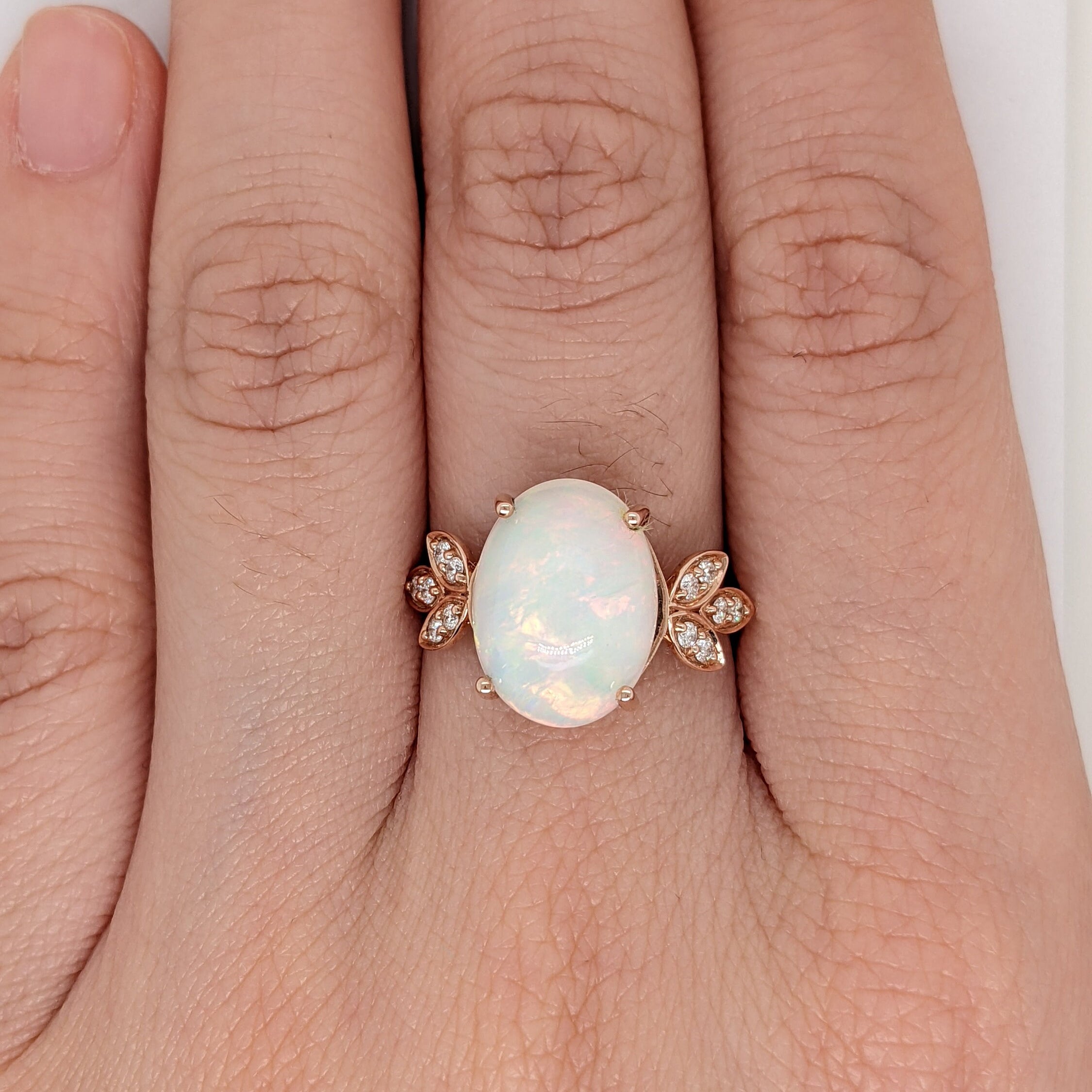 Statement Rings-Statement Ethiopian Opal Ring with Diamond Accents in Solid 14k Rose Gold | Oval 14x10mm | Gemstone Jewelry | October Birthstone | Statement - NNJGemstones