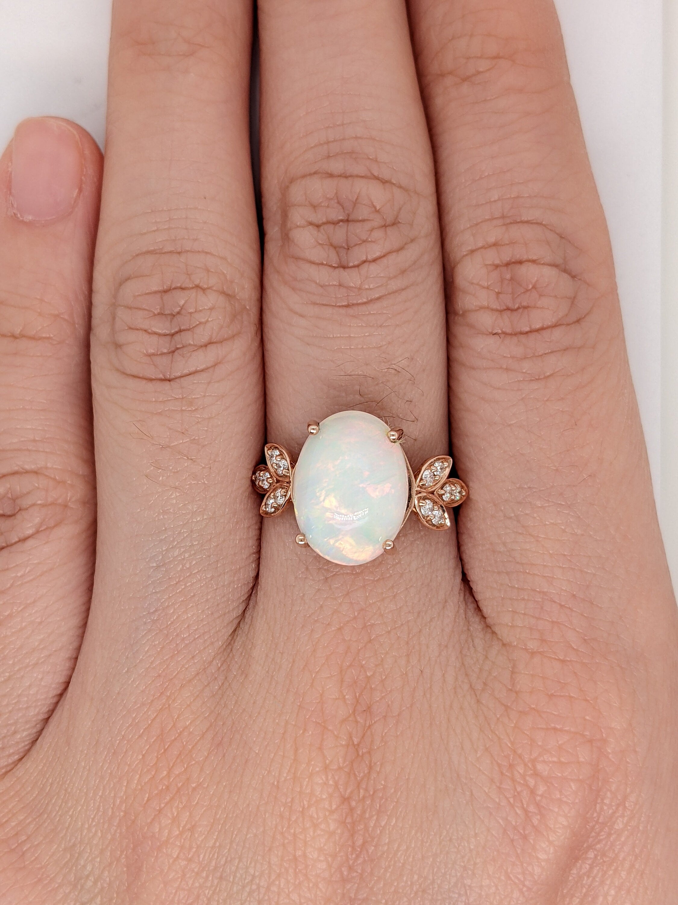 Statement Rings-Statement Ethiopian Opal Ring with Diamond Accents in Solid 14k Rose Gold | Oval 14x10mm | Gemstone Jewelry | October Birthstone | Statement - NNJGemstones