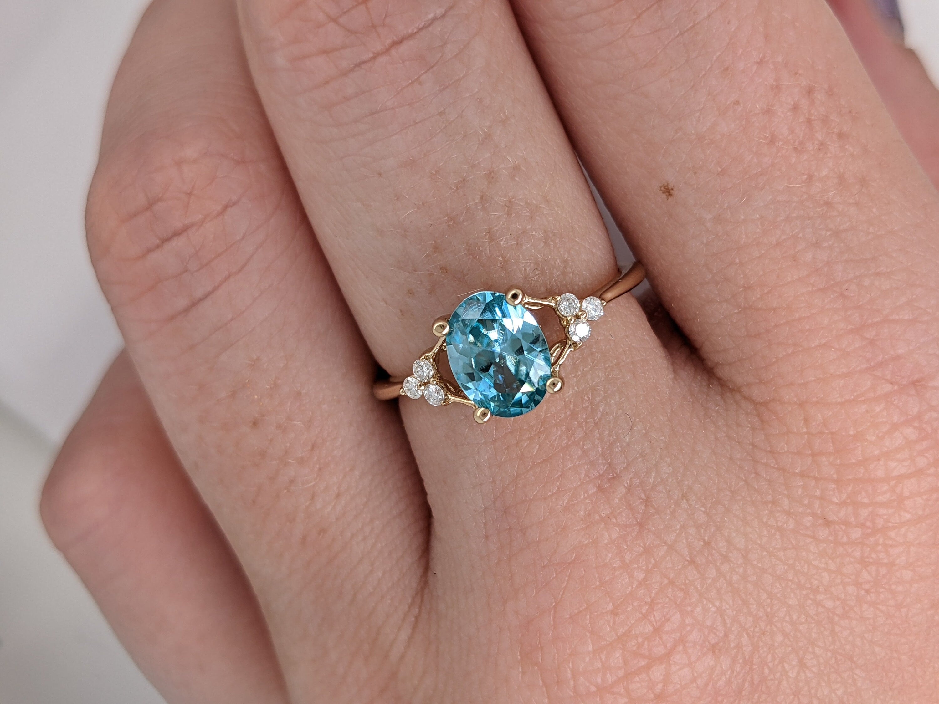 Dazzling Natural Blue Zircon Ring in 14K Gold w Natural Diamond Accent Halo | Oval 8x6mm | Split Shank | December Birthstone Ring