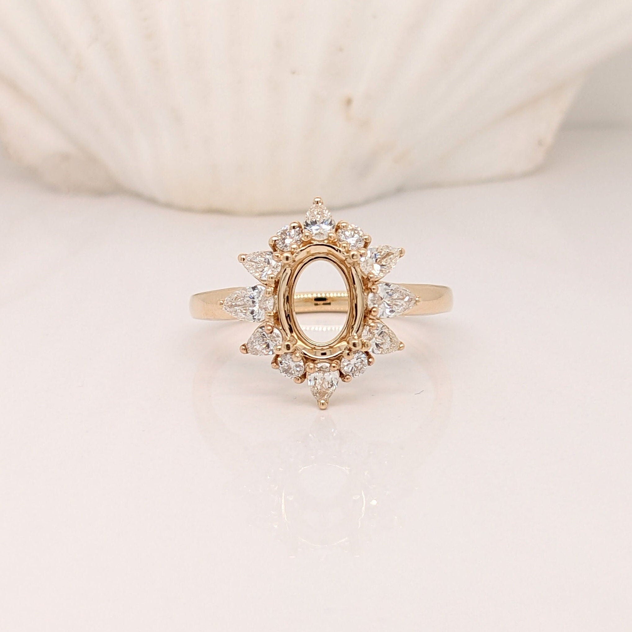 Statement Rings-Eye Catching Ring Setting W Marquise & Round Diamond Halo in 14K Solid Gold | Oval Shape 7x5 8x6 9x7 | Gemstone Setting | Customizable - NNJGemstones