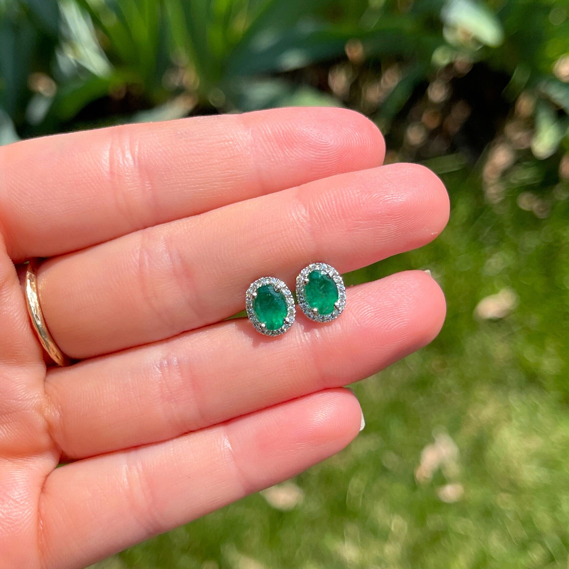 Stud Earrings-Vibrant Green Emeralds in 14K White Gold w Pave Diamond Halo | Oval 7x5mm | May Birthstone | Staple Earrings | Daily Wear | Secure Push Back - NNJGemstones