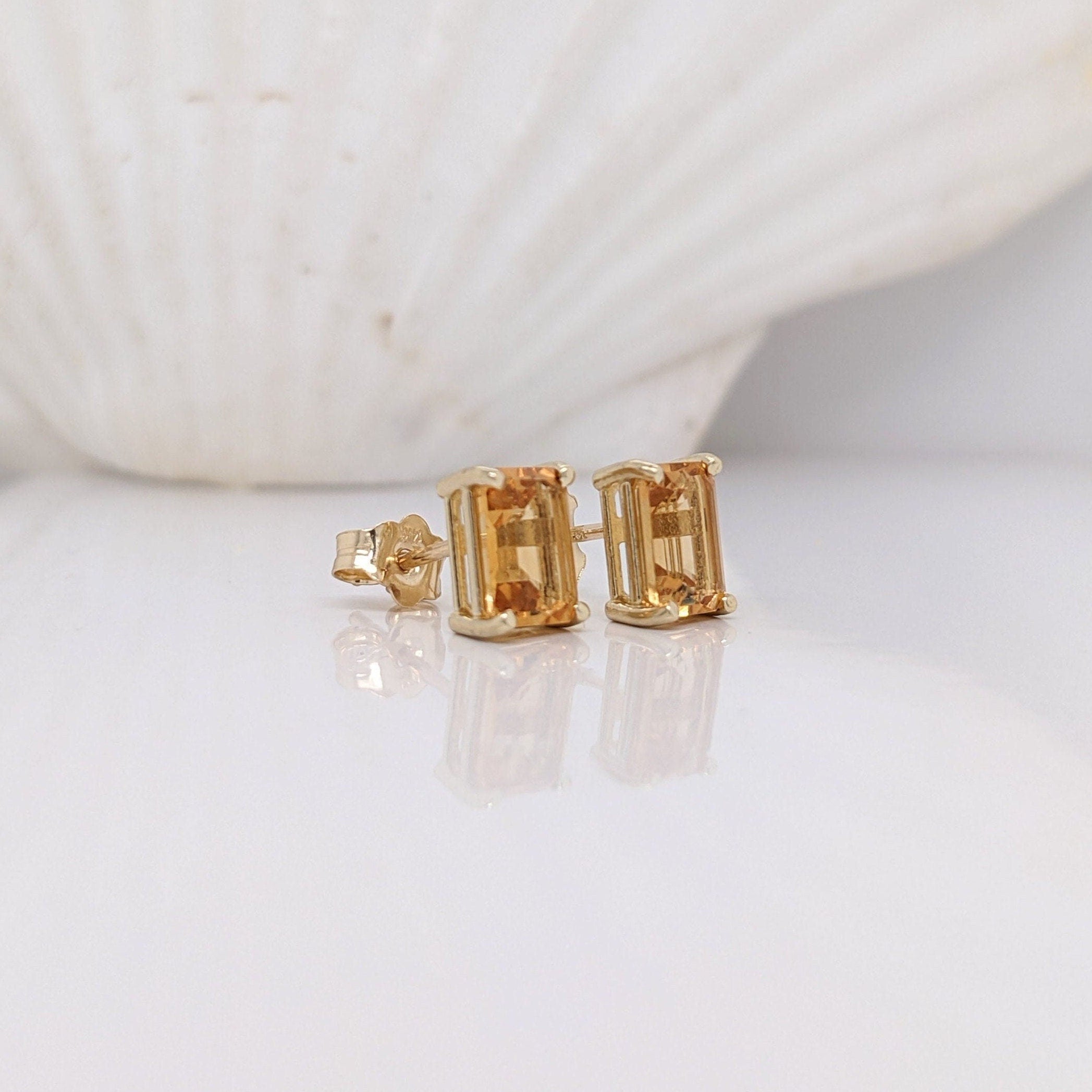 Stud Earrings-Pretty Golden Citrine Stud Earrings in Solid 14K White, Yellow or Rose Gold | Emerald Cut 7x5mm | November Birthstone | 4 Prong | Orange - NNJGemstones