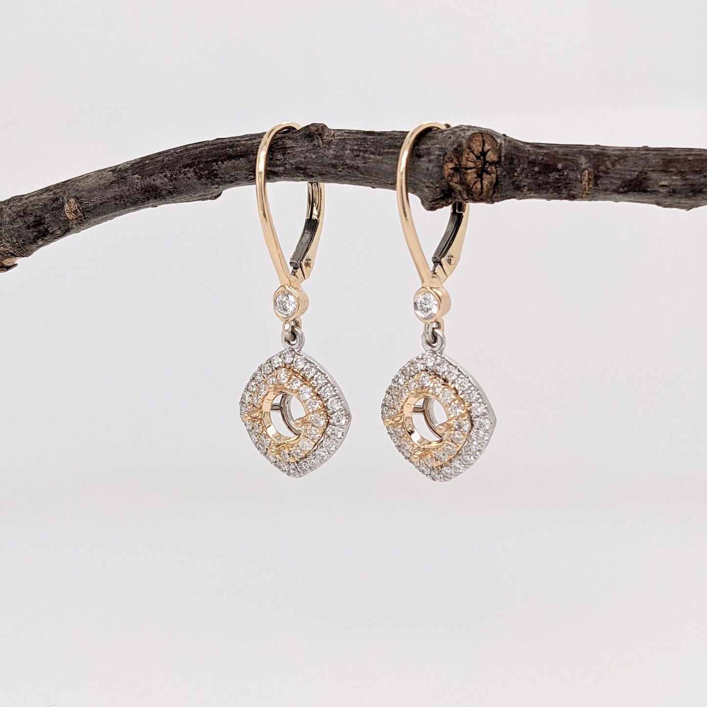 Dangle & Drop Earrings-Dangle Earrings Semi Mount w Double Diamond Halo in 14k Solid Gold | Round - NNJGemstones