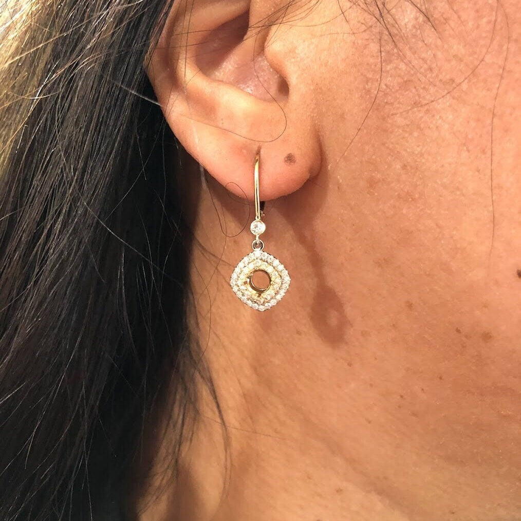 Dangle & Drop Earrings-Dangle Earrings Semi Mount w Double Diamond Halo in 14k Solid Gold | Round - NNJGemstones