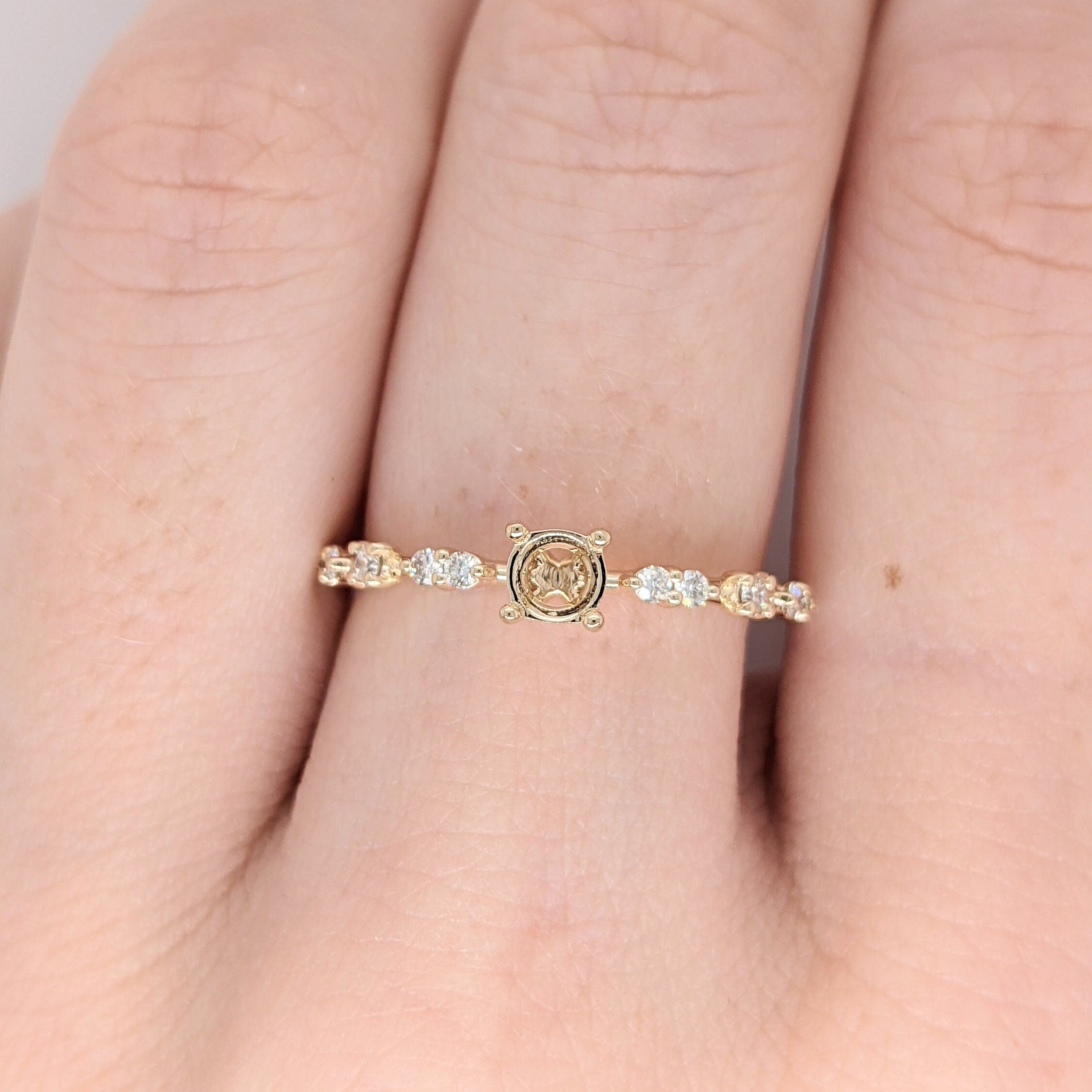 Rings-Minimalist Ring Semi Mount in Solid 14k White, Yellow or Rose Gold with Natural Diamond Accents | Round | Customizable | Classic Ring - NNJGemstones