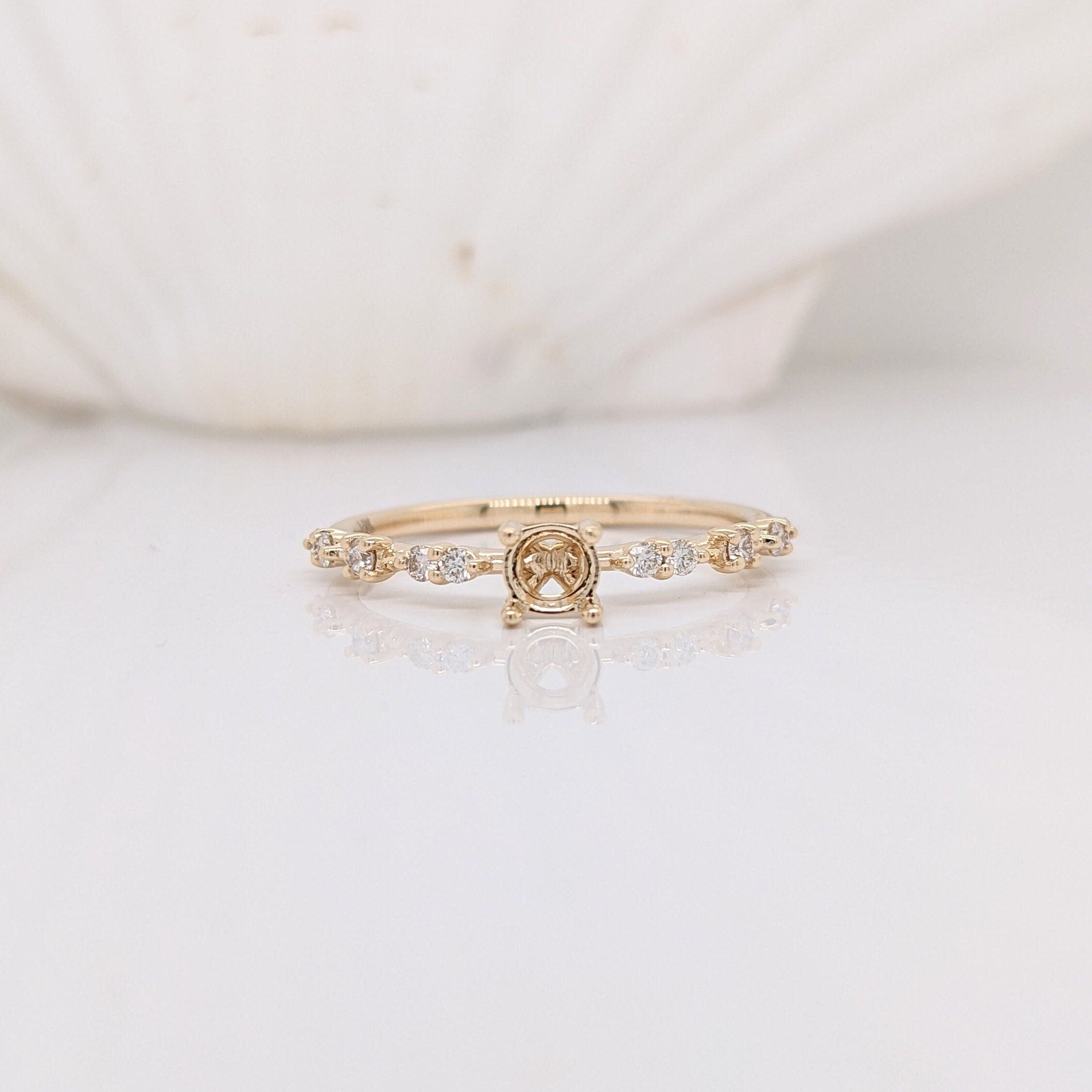 Rings-Minimalist Ring Semi Mount in Solid 14k White, Yellow or Rose Gold with Natural Diamond Accents | Round | Customizable | Classic Ring - NNJGemstones