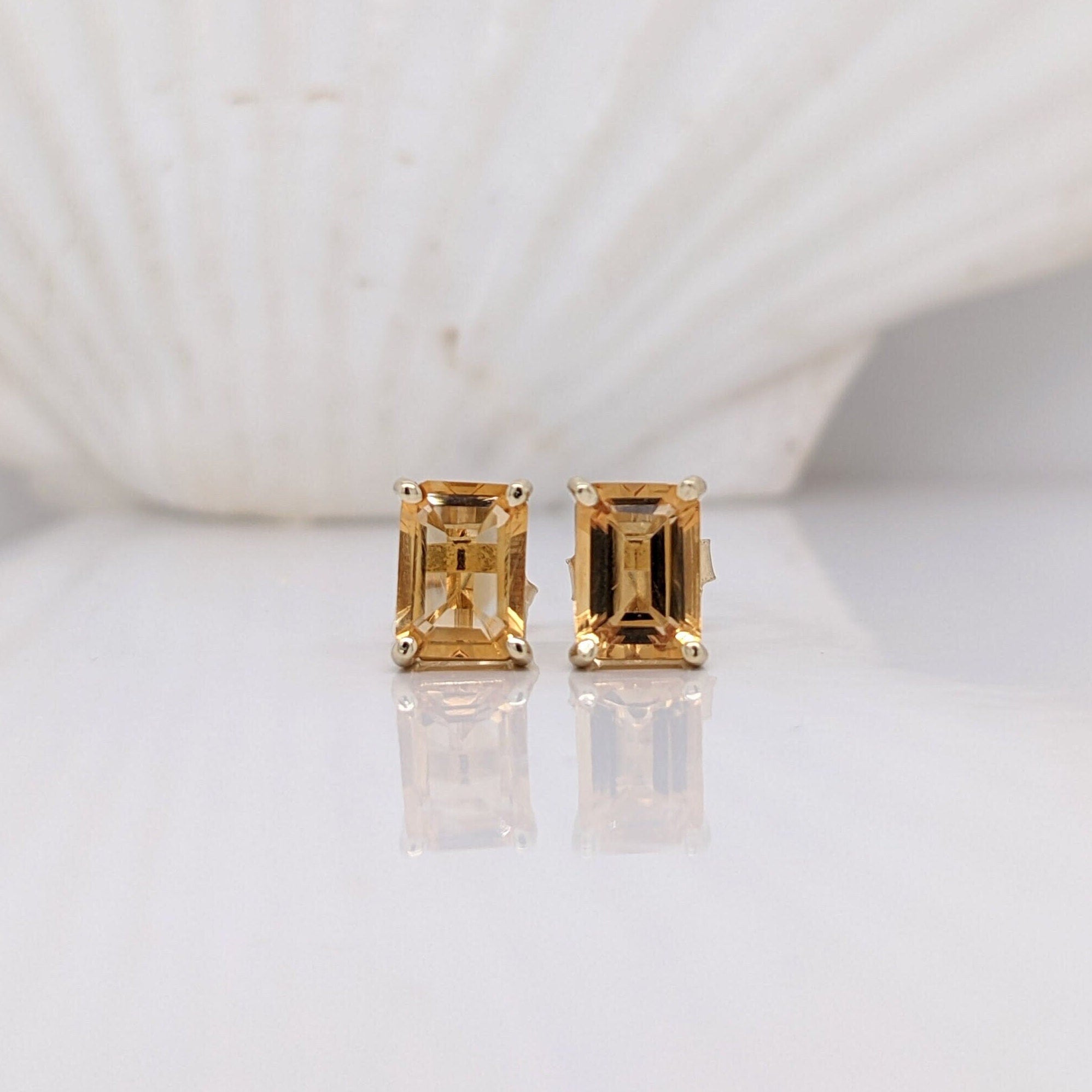 Stud Earrings-Pretty Golden Citrine Stud Earrings in Solid 14K White, Yellow or Rose Gold | Emerald Cut 7x5mm | November Birthstone | 4 Prong | Orange - NNJGemstones