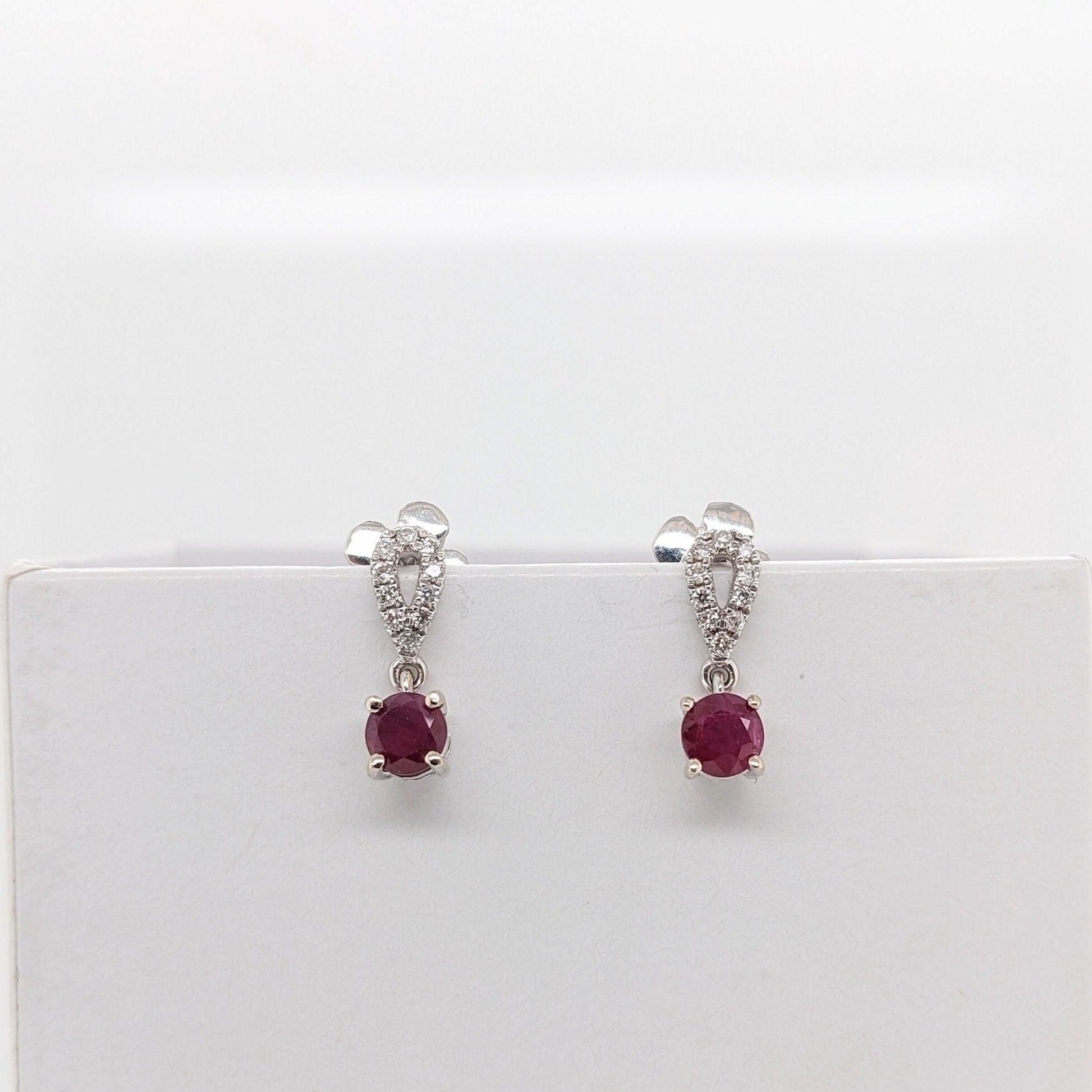 Stud Earrings-Beautiful Ruby Dangle Earrings in Solid 14K White Gold with Natural Diamond Accents | Round 4mm | Gemstone Earrings | Classic | Elegant - NNJGemstones