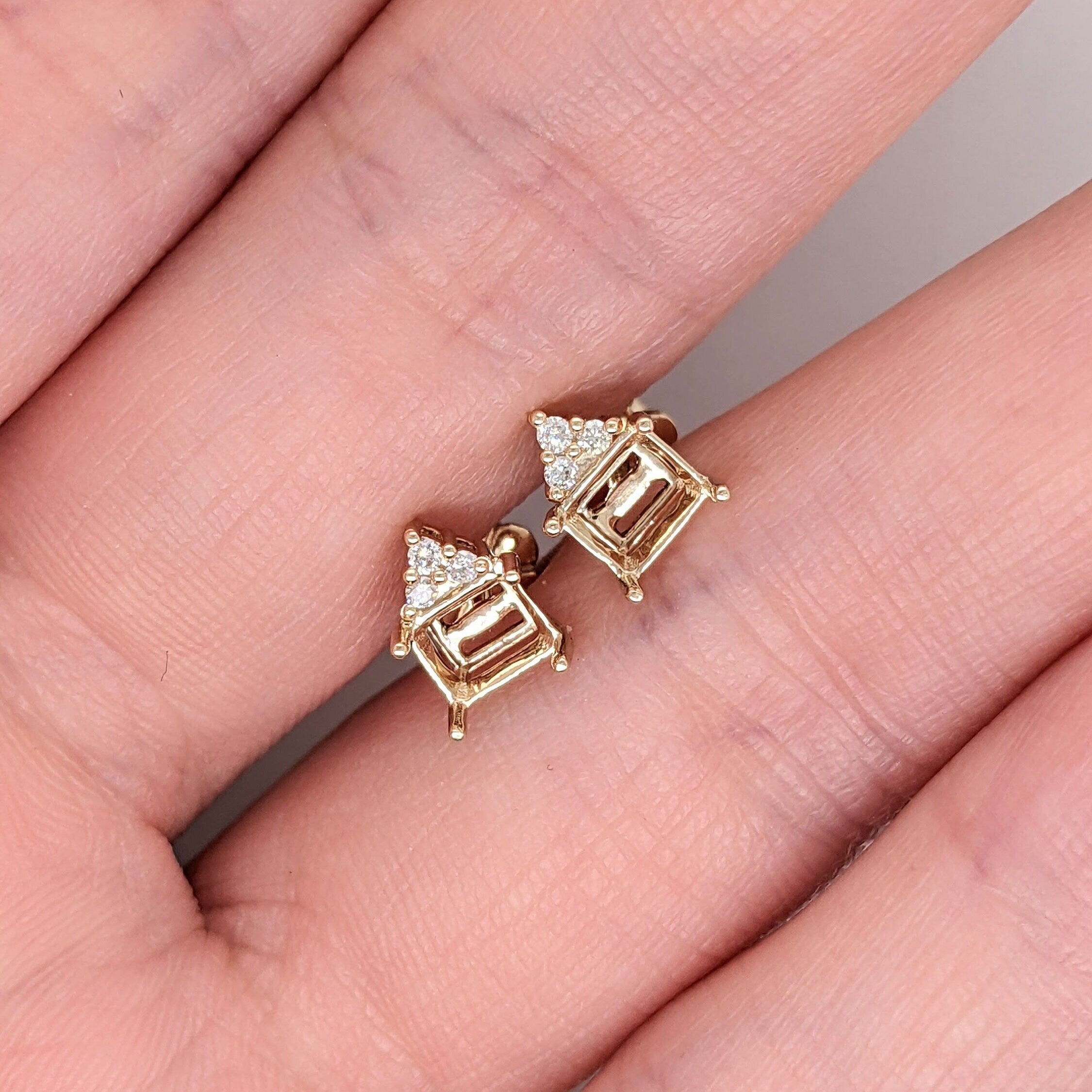Stud Earrings-Cute Daily Wear Earring Stud Semi Mount in Solid 14K white, Yellow or Rose Gold with Natural Diamond Accents | Emerald cut 5x4mm | East West - NNJGemstones