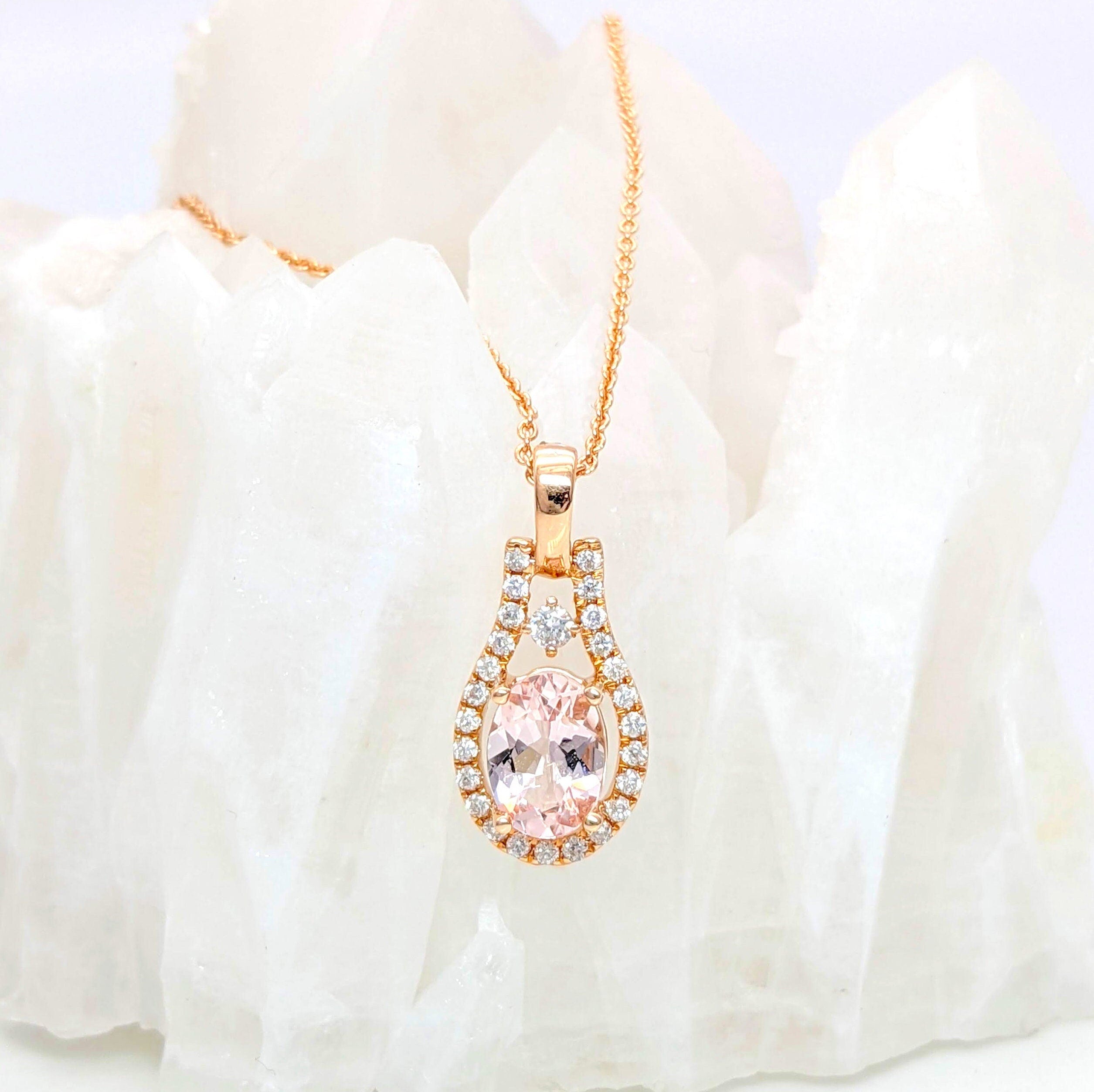 Pendants-Feminine Morganite Pendant w Natural Diamond Accents in Solid 14K Gold || Oval 7x5mm || Cor de Rosa Earth Mined || November Birthstone - NNJGemstones