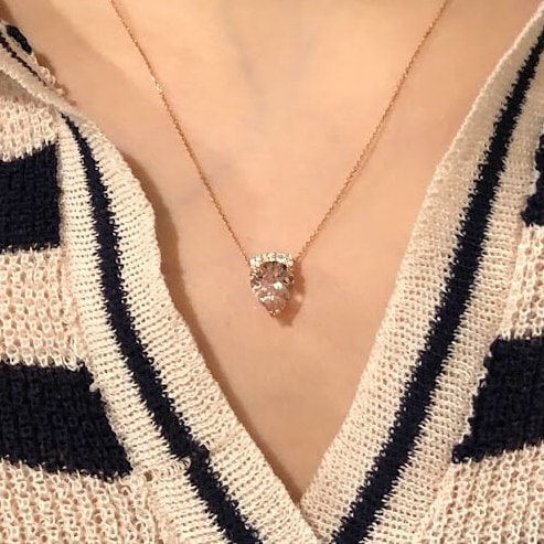 Pendants-Beautiful Morganite Necklace in Solid 14K Rose Gold with Natural Diamond Accents | Pear Shape 11x9mm | Attached Chain | Natural Gemstone - NNJGemstones