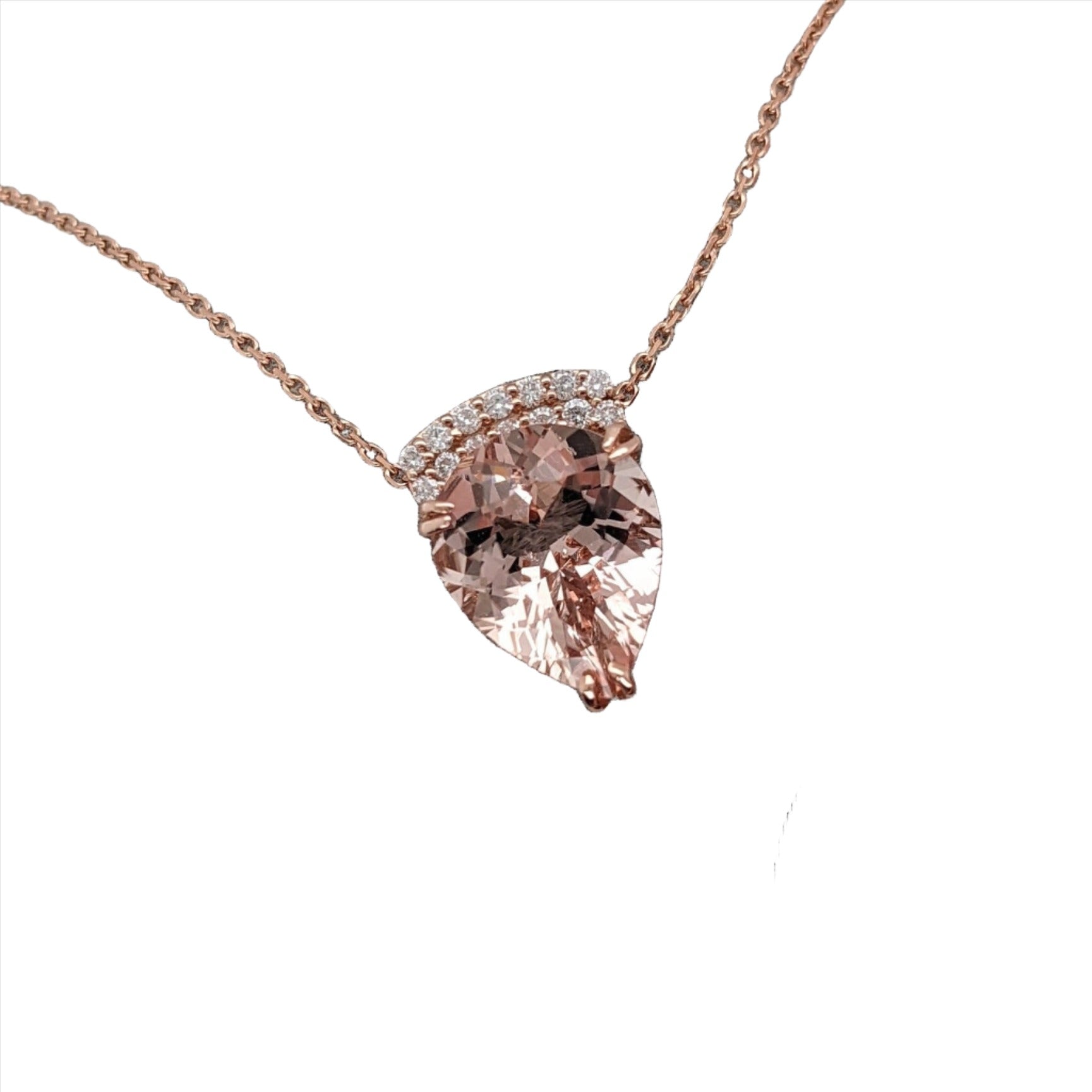 Pendants-Beautiful Morganite Necklace in Solid 14K Rose Gold with Natural Diamond Accents | Pear Shape 11x9mm | Attached Chain | Natural Gemstone - NNJGemstones