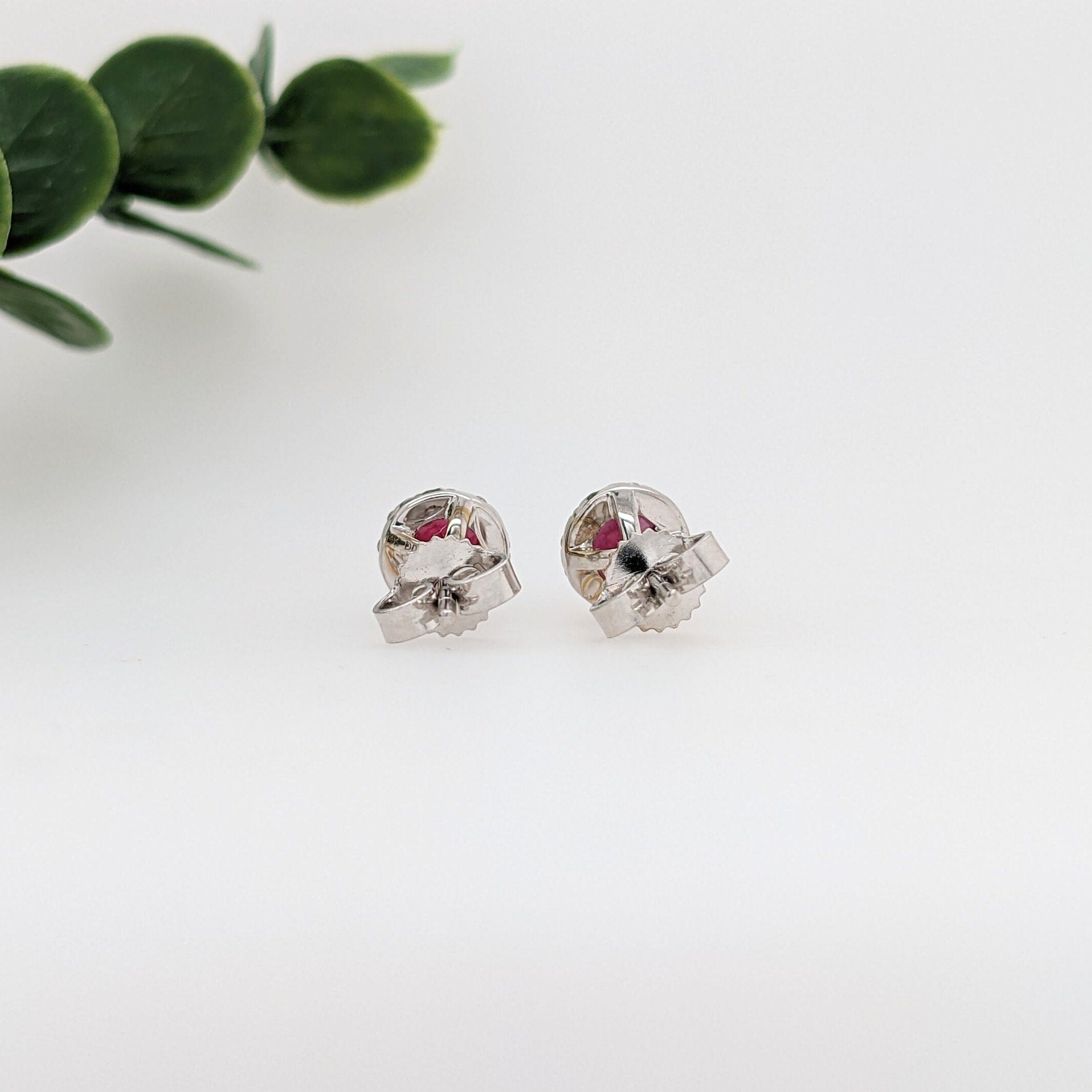 Stud Earrings-Pretty Mozambique Ruby Studs in Solid 14K White Gold with Natural Diamond Accents | Gemstone Earrings | Classic | Elegant | July Birthstone - NNJGemstones