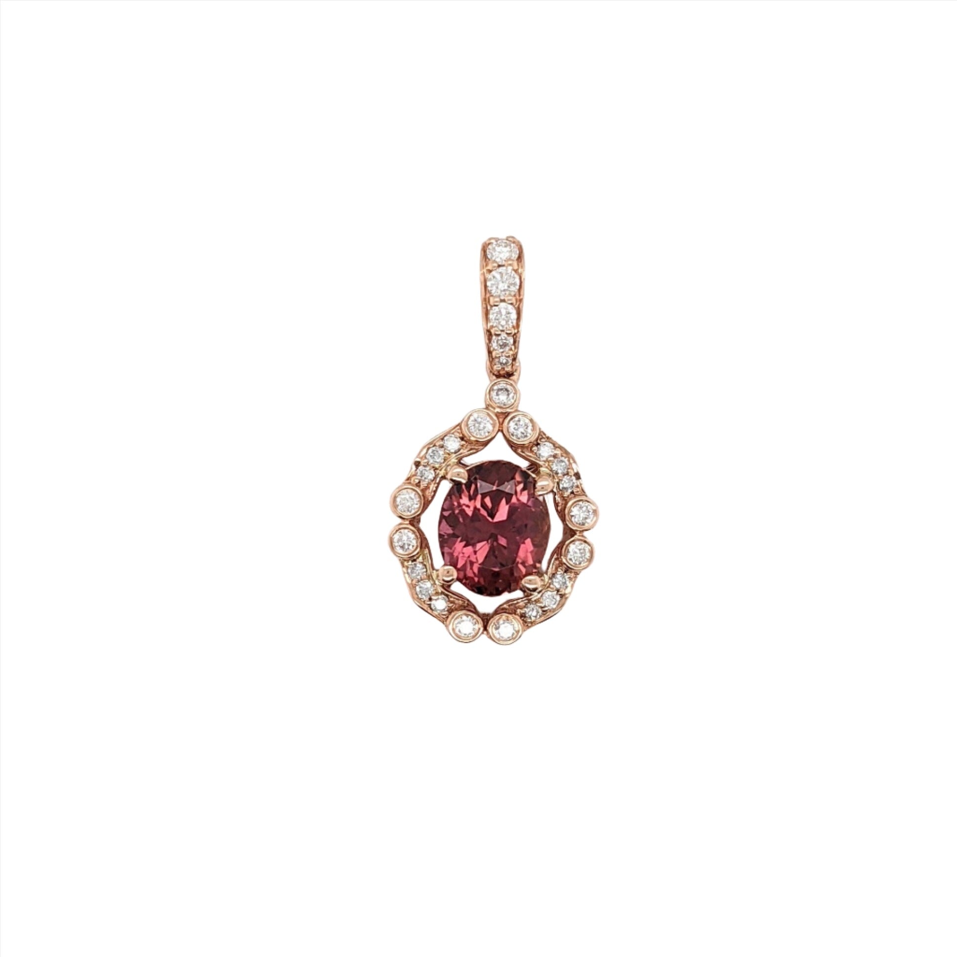 Pendants-Stunning Tourmaline Pendant in Solid 14K Rose Gold with Diamond Accents | Oval 9x7mm | October Birthstone | Diamond Bail | Halo - NNJGemstones