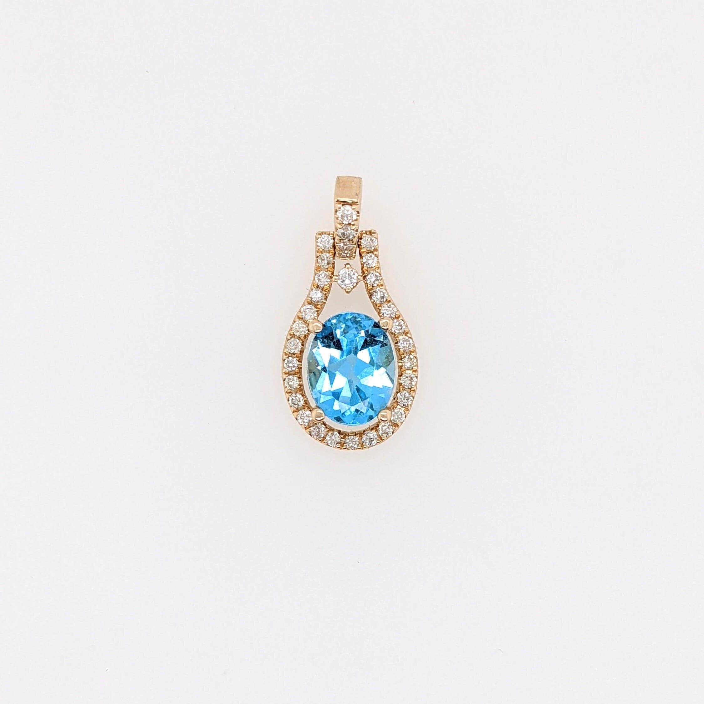 Pendants-Pretty Swiss Topaz Pendant in Solid 14K Yellow Gold with Diamond Accents | Oval 9x7mm | December Birthstone | Blue Gemstone | Ready to Ship - NNJGemstones