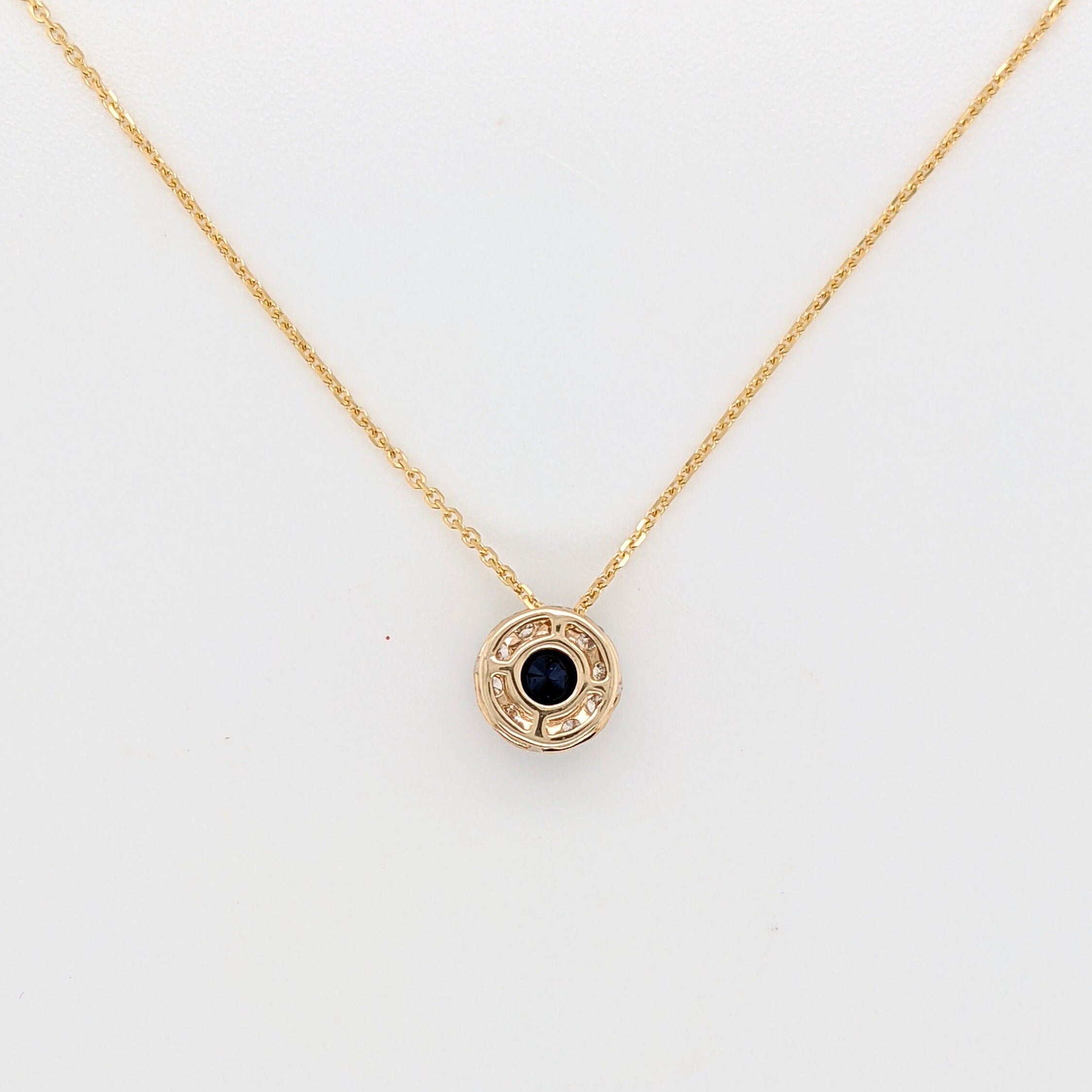 Pendants-Sapphire Necklace in Solid 14K Gold with Natural Diamond Accents | Round 4mm | September Birthstone | Chain | Classic - NNJGemstones