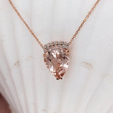 Pendants-Beautiful Morganite Necklace in Solid 14K Rose Gold with Natural Diamond Accents | Pear Shape 11x9mm | Attached Chain | Natural Gemstone - NNJGemstones