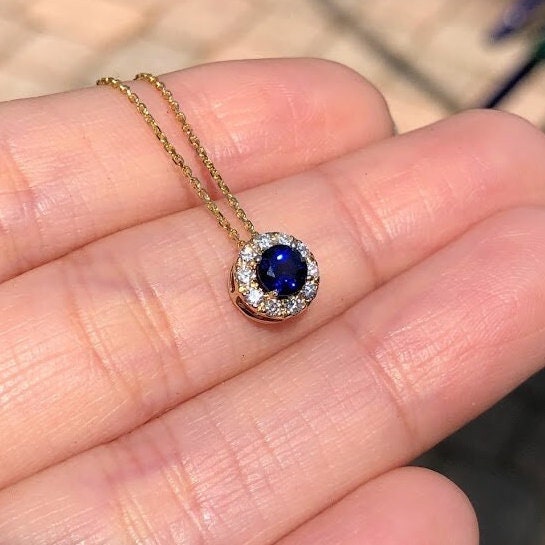 Pendants-Sapphire Necklace in Solid 14K Gold with Natural Diamond Accents | Round 4mm | September Birthstone | Chain | Classic - NNJGemstones