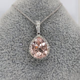 Pendants-Peach Morganite Pendant in Solid 14K White Gold with Diamond Accents | Pear Shape 11x9mm | October Birthstone | Diamond Bail | Halo - NNJGemstones