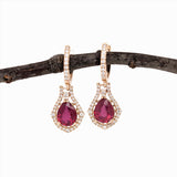 Pigeon Blood Red Ruby Drop Earrings in 14k Solid Yellow Gold w a Natural Diamond Halo | Pear Shape 9x7mm | July Birthstone