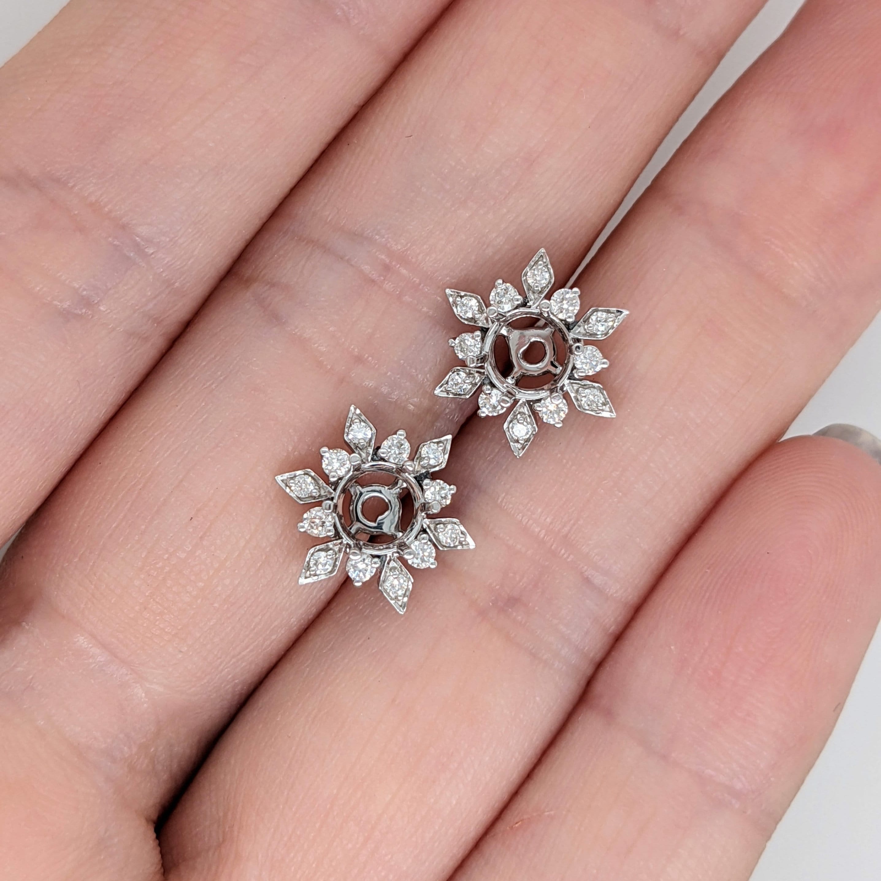 Stud Earrings-Snowflake Design Stud Earring Semi-Mount in 14k Solid Gold w Diamond Accents | Round 5mm | Secure Push Backs | Customizable - NNJGemstones