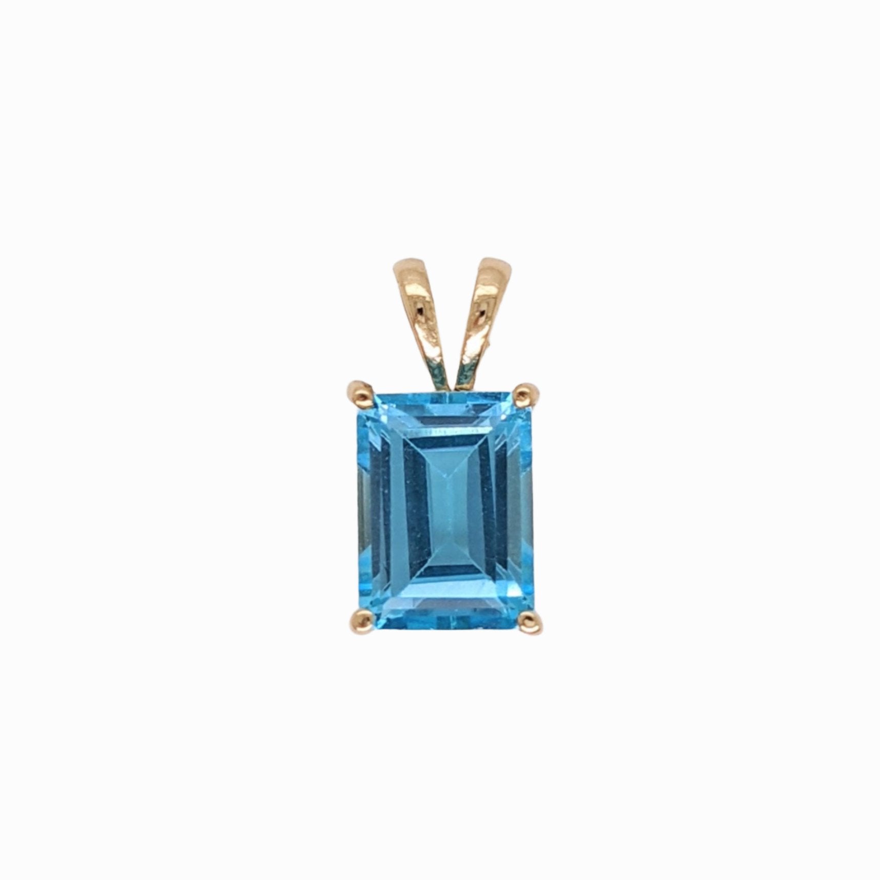 Pendants-Solitaire Swiss Blue Topaz Pendant in Solid 14k White, Yellow or Rose Gold | Emerald Cut | Rabbit Bail | Blue Gemstone | November | Sizes - NNJGemstones