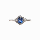 Intricate Compass Prong Sapphire Ring w Diamond Halo